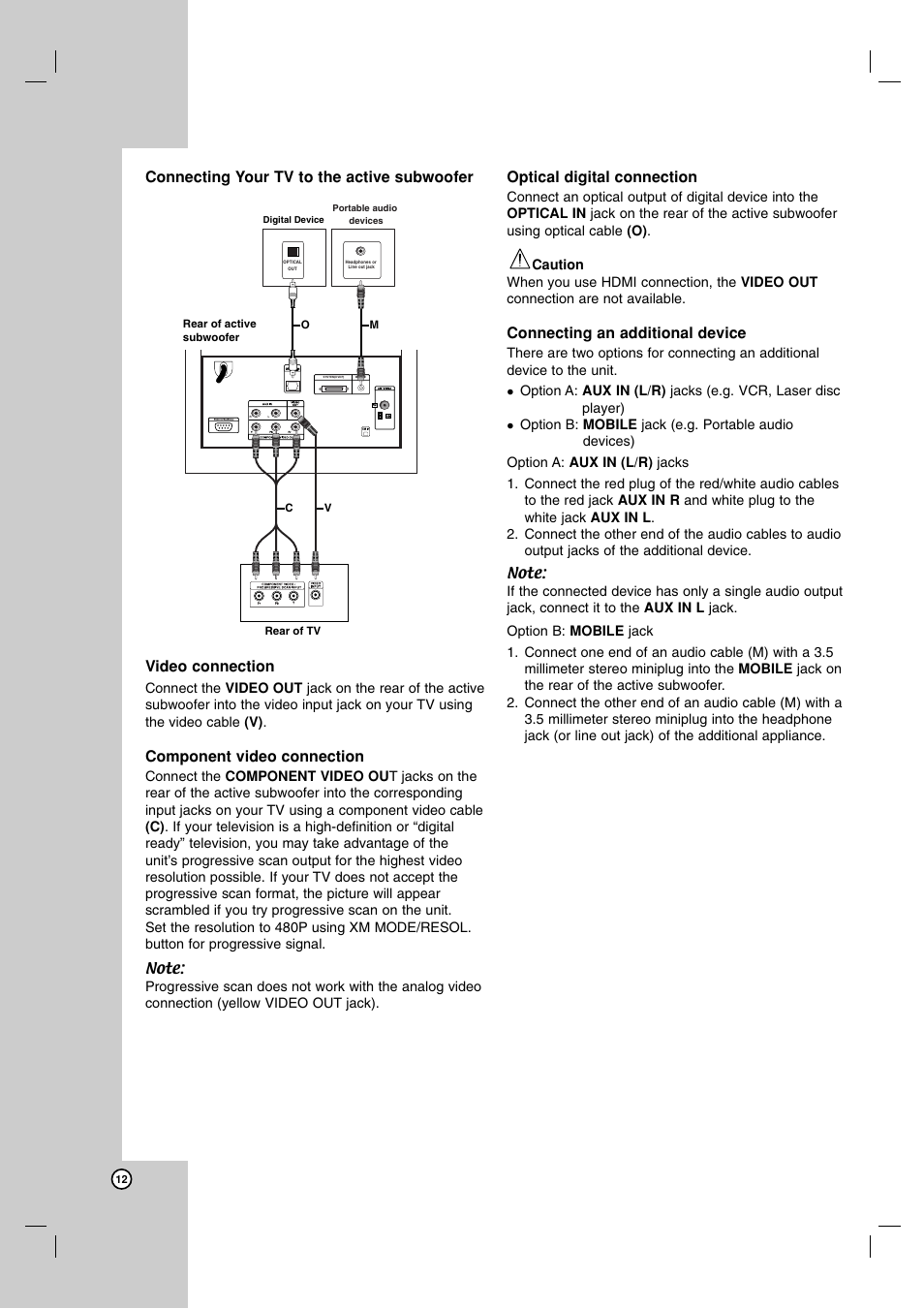 Component video connection, Optical digital connection, Connecting an additional device | LG LFD790 User Manual | Page 12 / 36