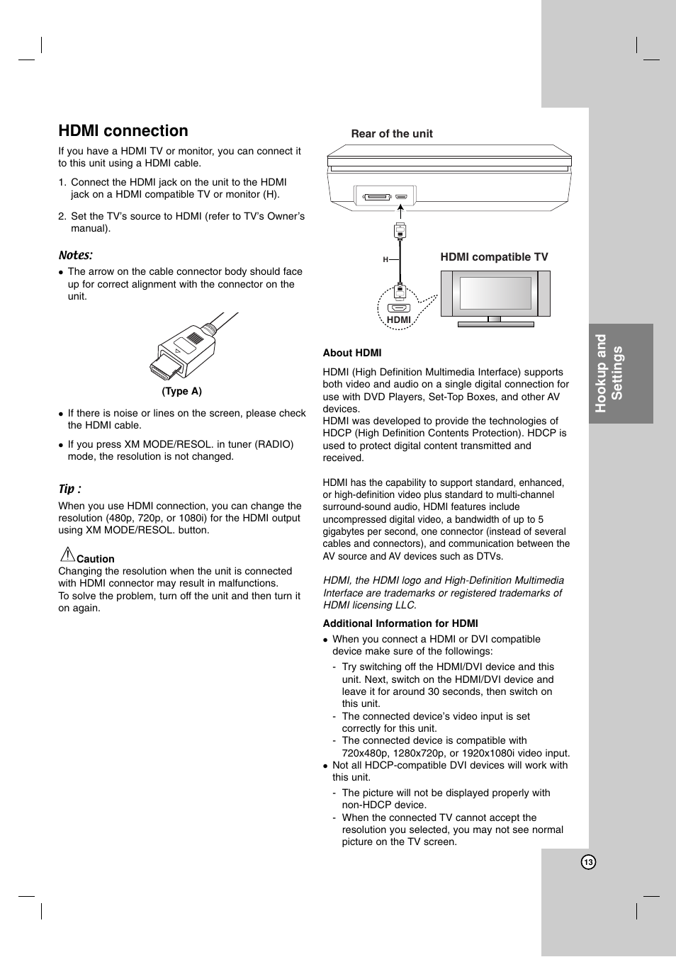 Hdmi connection, Hookup and settings | LG LFD790 User Manual | Page 13 / 36