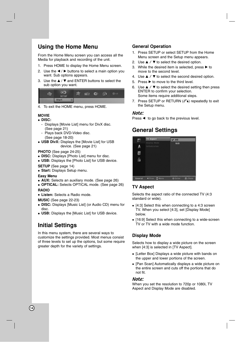 Using the home menu, Initial settings, General settings | LG LFD790 User Manual | Page 14 / 36
