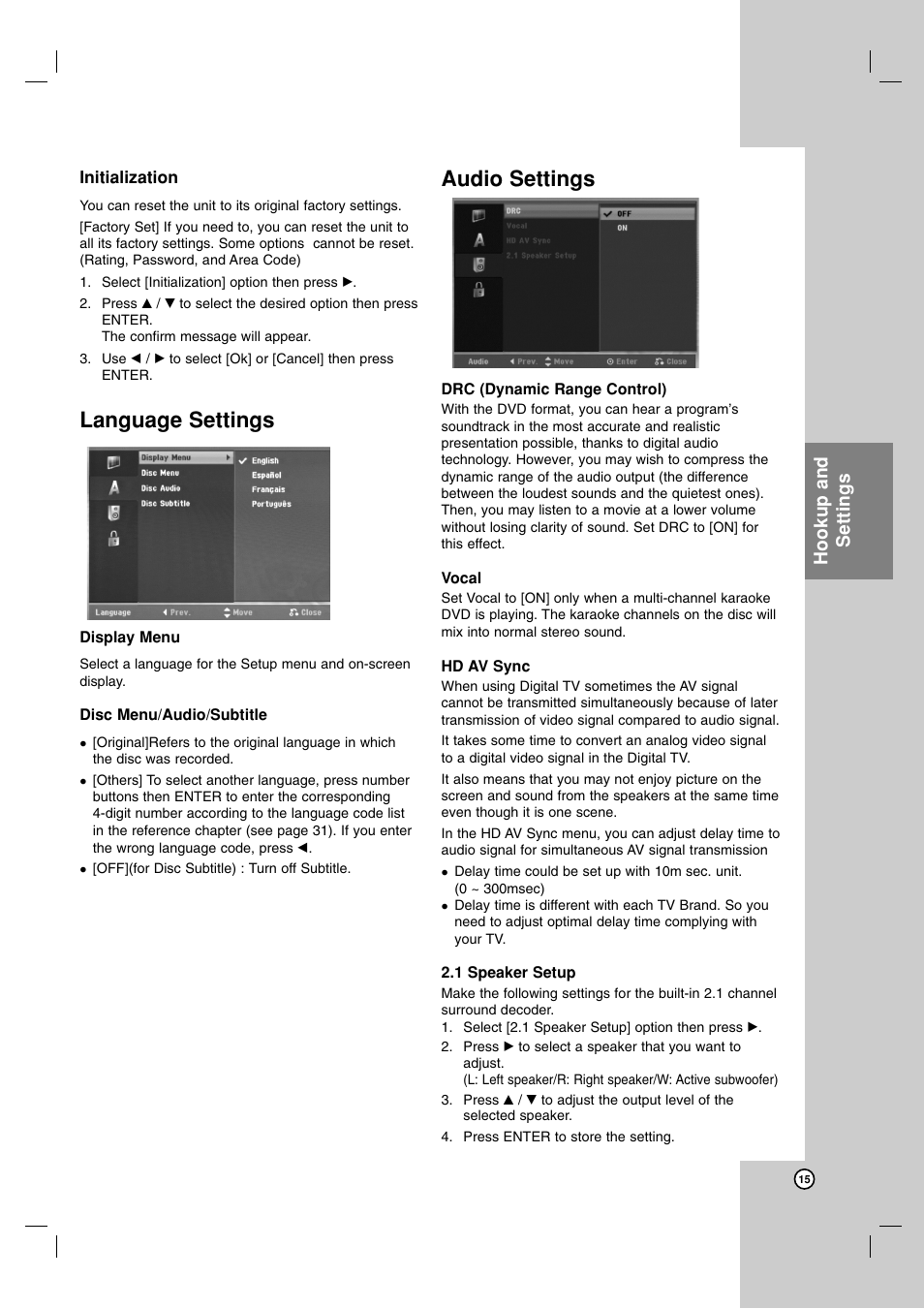 Language settings, Audio settings, Hookup and settings | LG LFD790 User Manual | Page 15 / 36