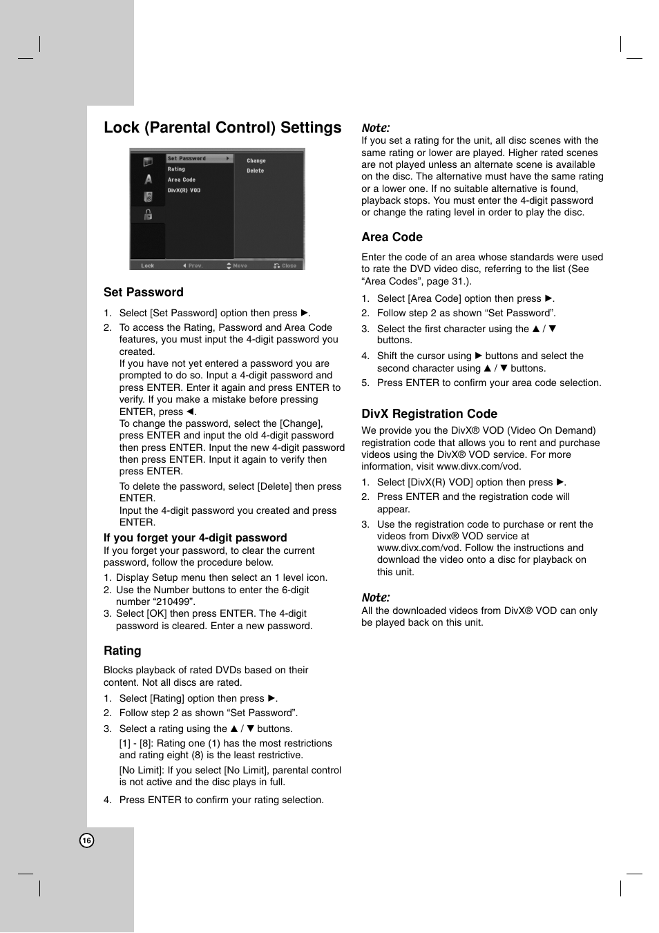 Lock (parental control) settings | LG LFD790 User Manual | Page 16 / 36