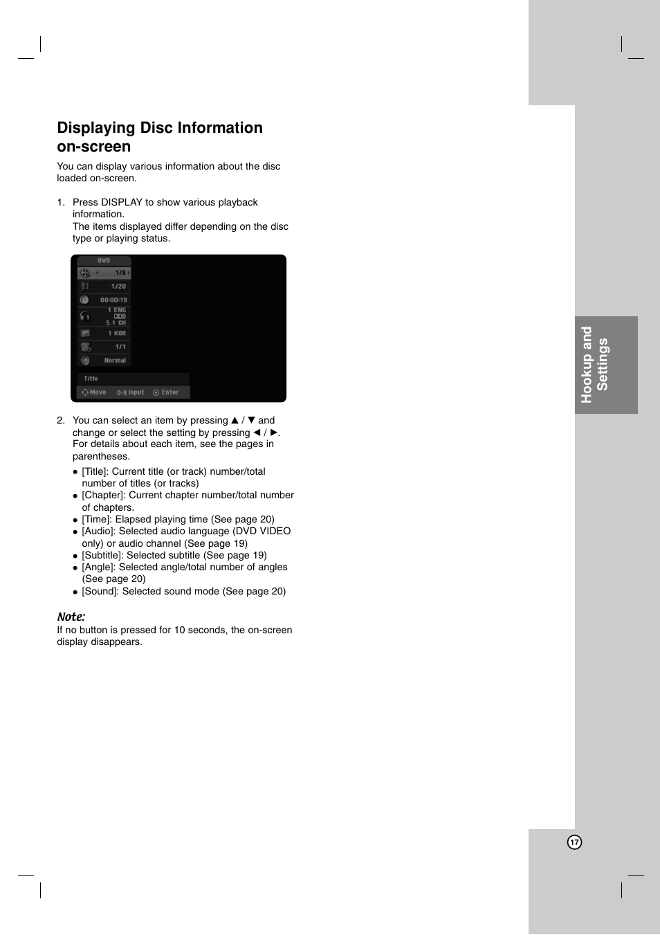 Displaying disc information on-screen, Hookup and settings | LG LFD790 User Manual | Page 17 / 36