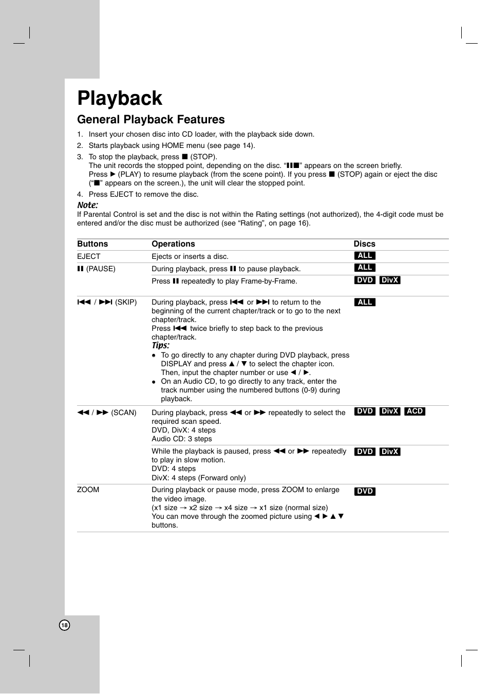 Playback, General playback features | LG LFD790 User Manual | Page 18 / 36
