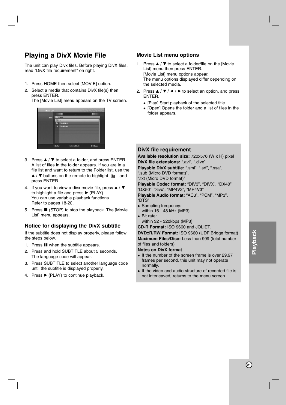 Playing a divx movie file, Playback | LG LFD790 User Manual | Page 21 / 36