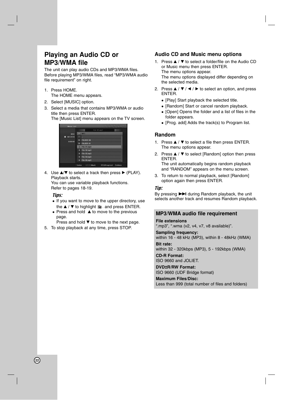 Playing an audio cd or mp3/wma file | LG LFD790 User Manual | Page 22 / 36