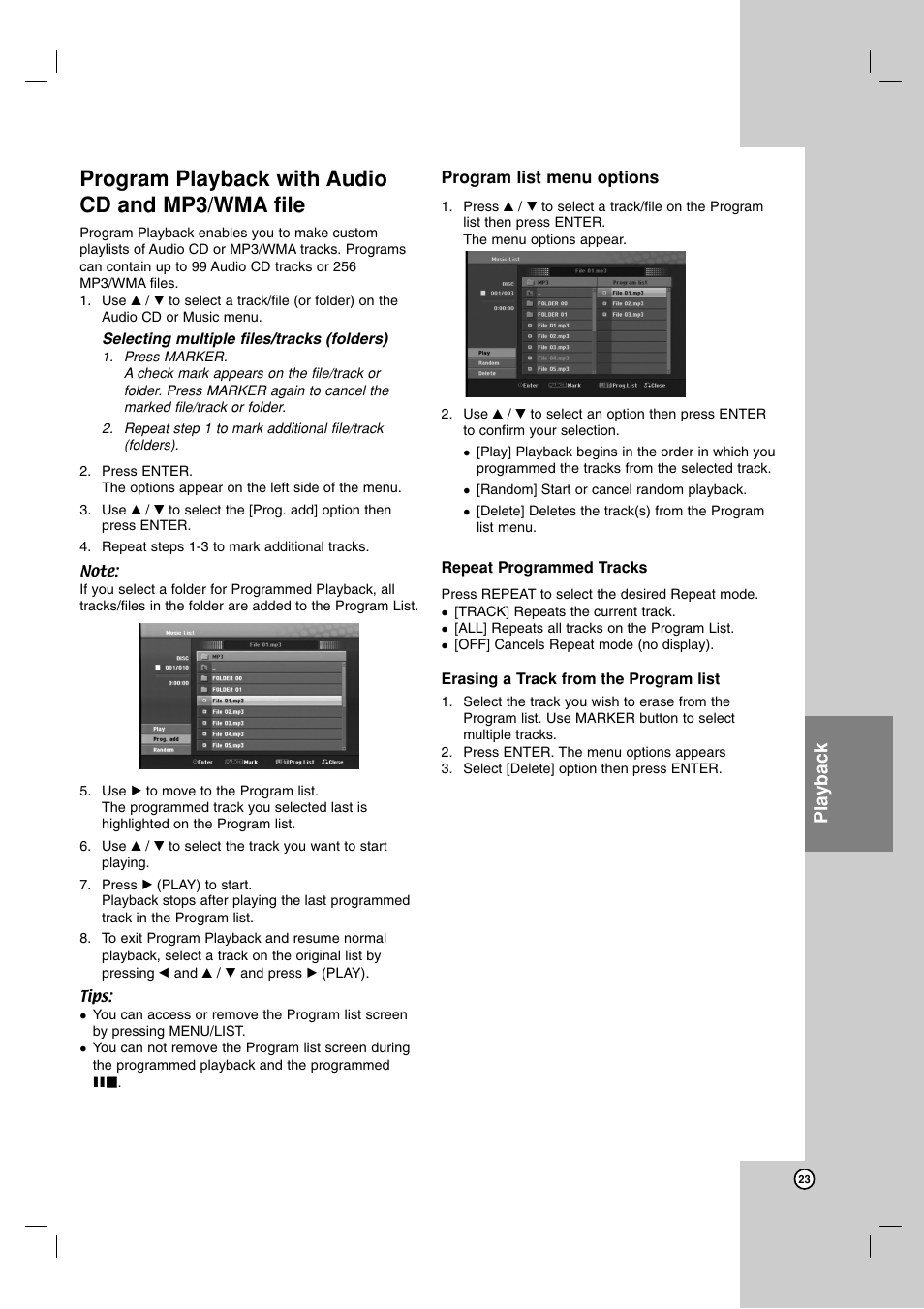 Program playback with audio cd and mp3/wma file, Playback | LG LFD790 User Manual | Page 23 / 36