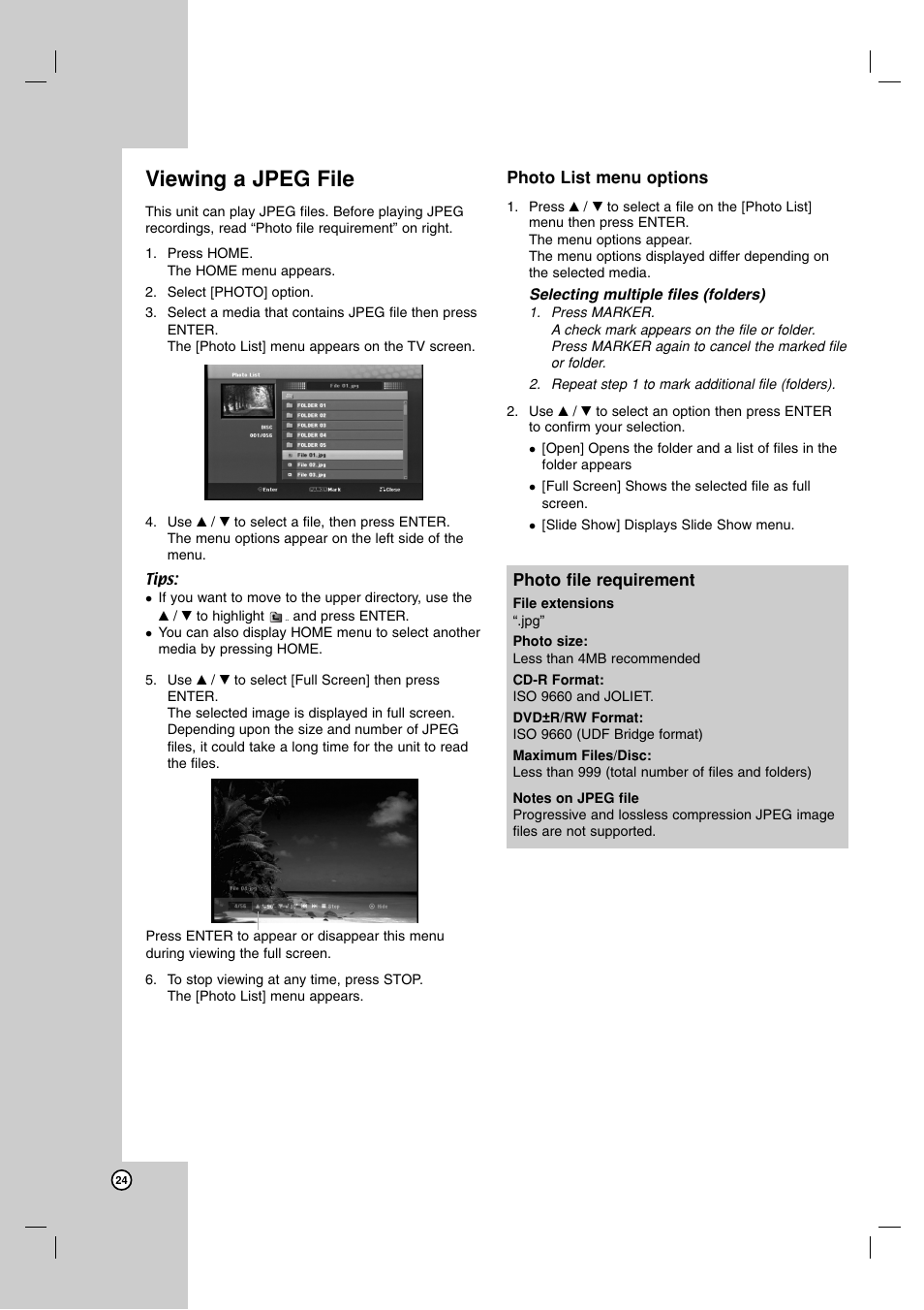 Viewing a jpeg file | LG LFD790 User Manual | Page 24 / 36