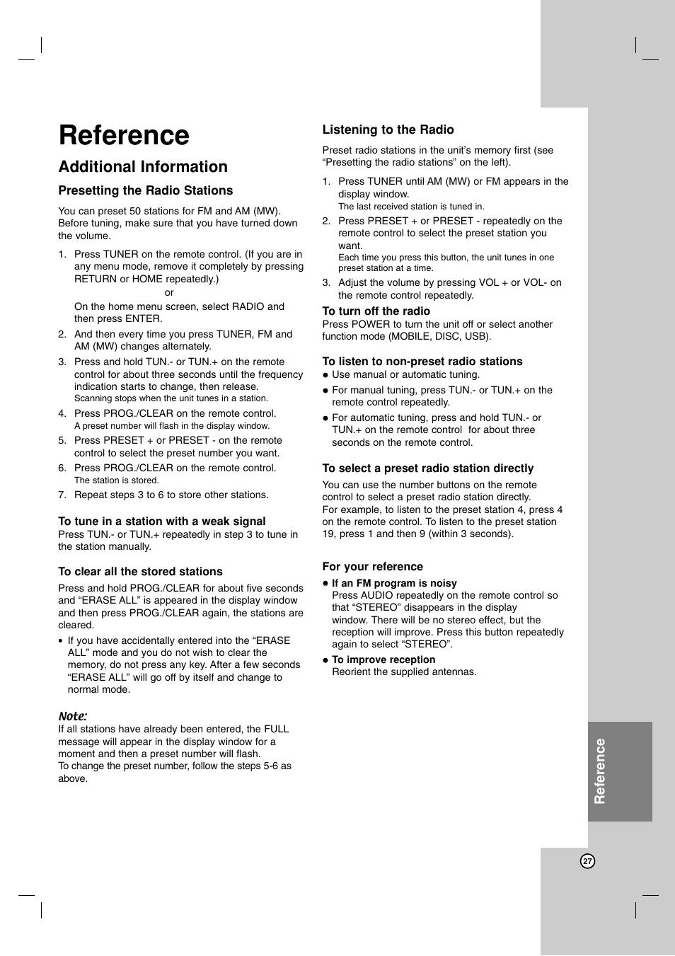 Additional information, Reference | LG LFD790 User Manual | Page 27 / 36