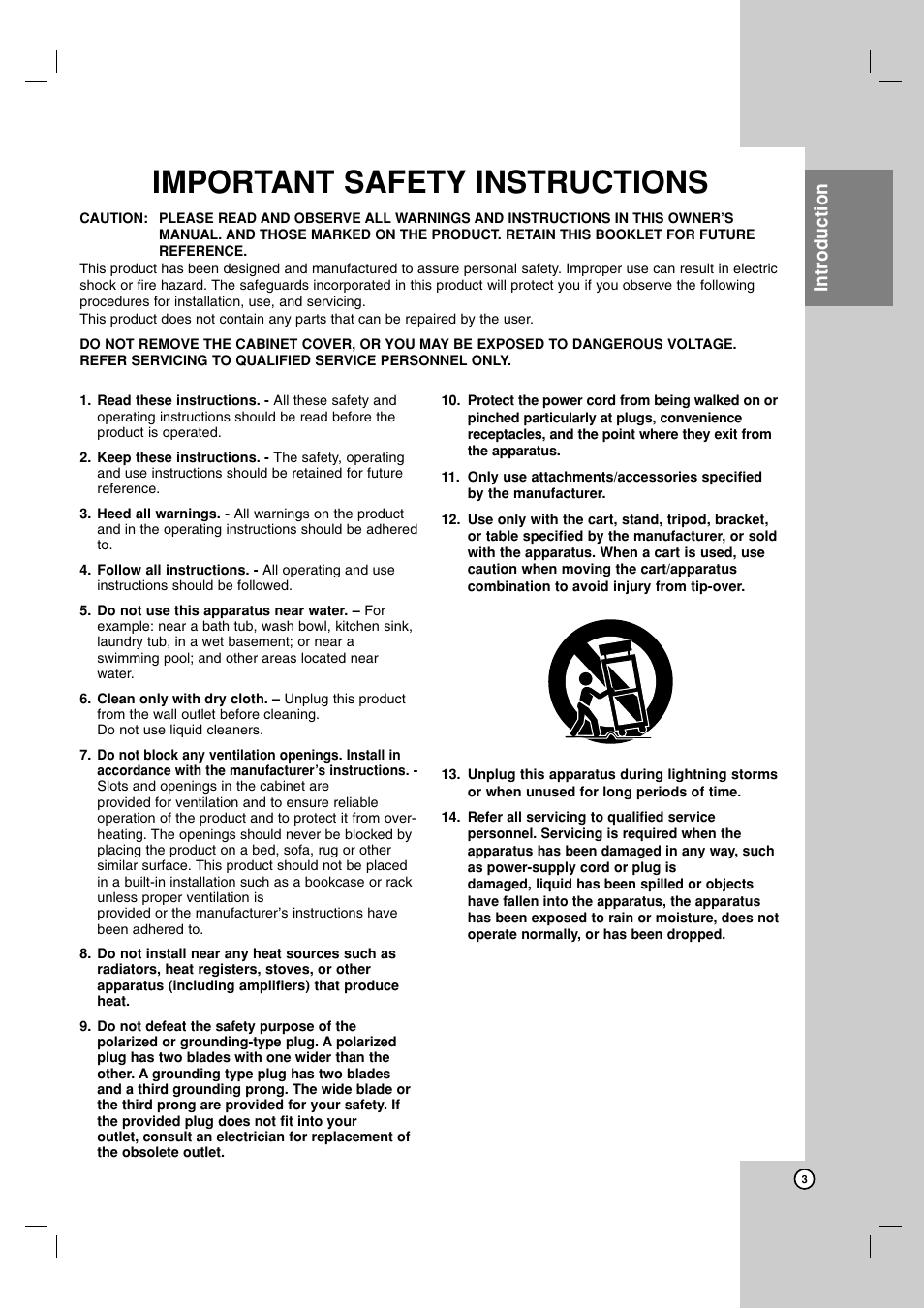 Important safety instructions, Introduction | LG LFD790 User Manual | Page 3 / 36