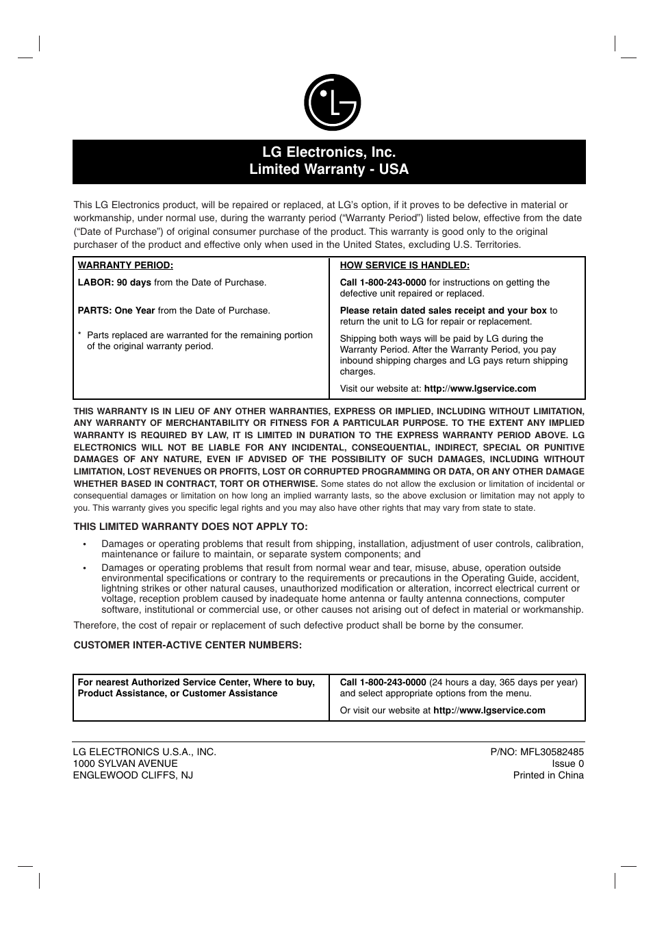Lg electronics, inc. limited warranty - usa | LG LFD790 User Manual | Page 36 / 36