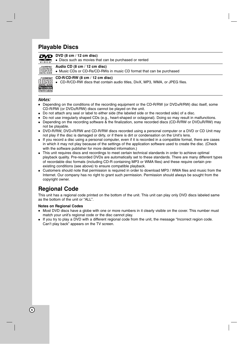 Playable discs, Regional code | LG LFD790 User Manual | Page 6 / 36