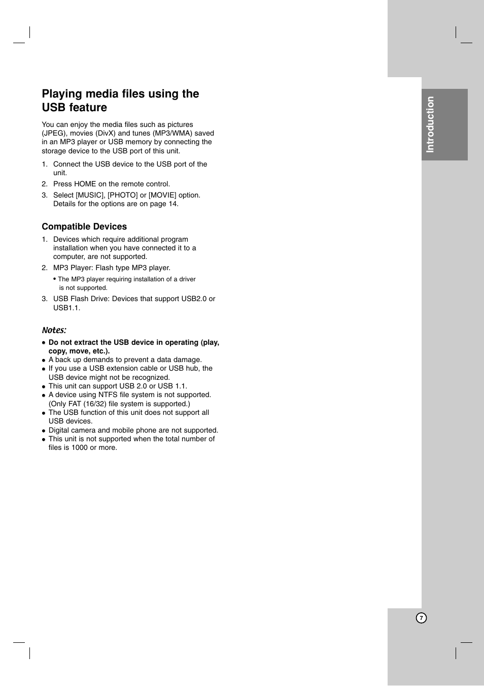 Playing media files using the usb feature, Introduction | LG LFD790 User Manual | Page 7 / 36
