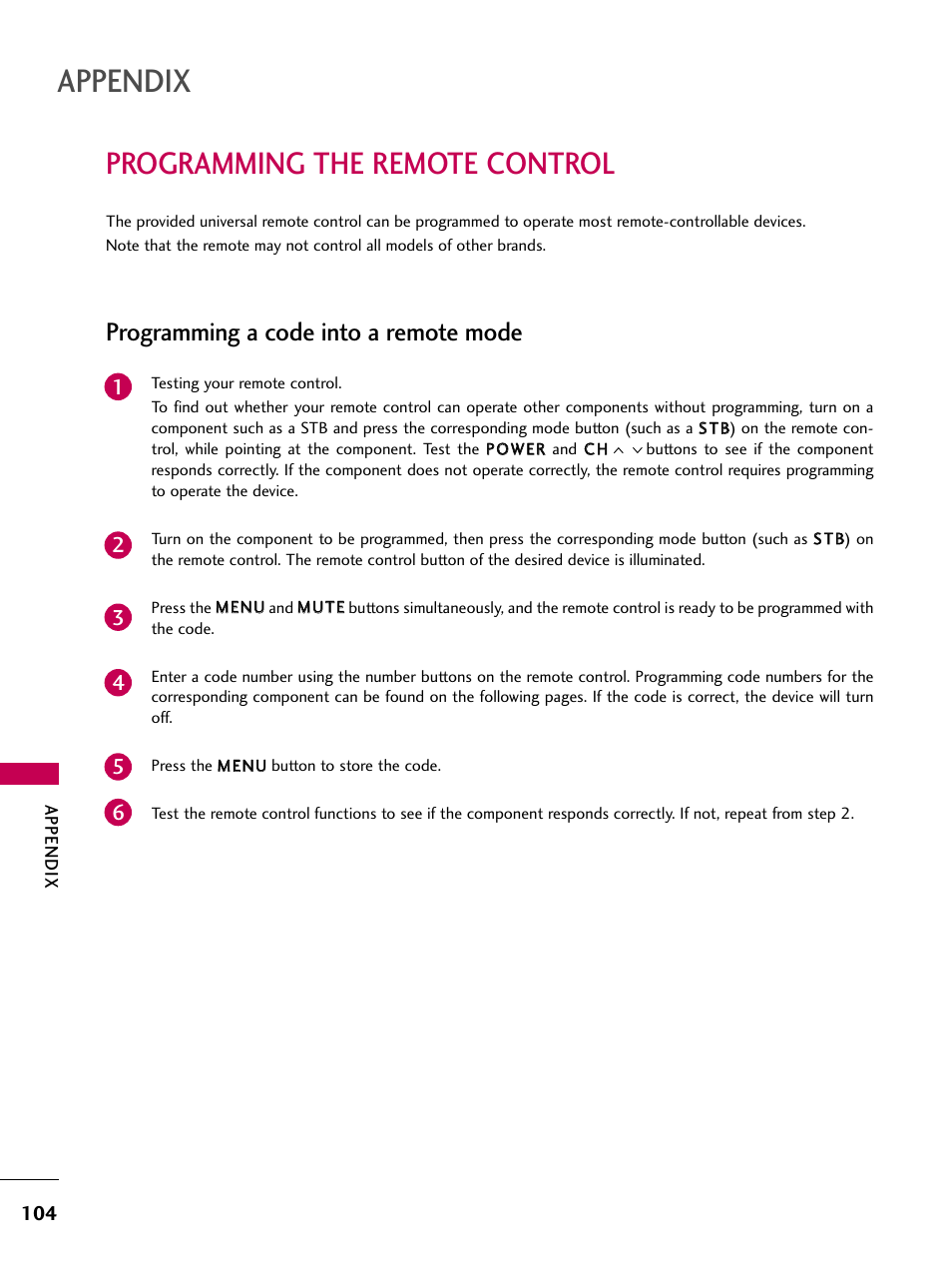 Programming the remote control, Appendix, Programming a code into a remote mode | LG 3230DC User Manual | Page 104 / 130