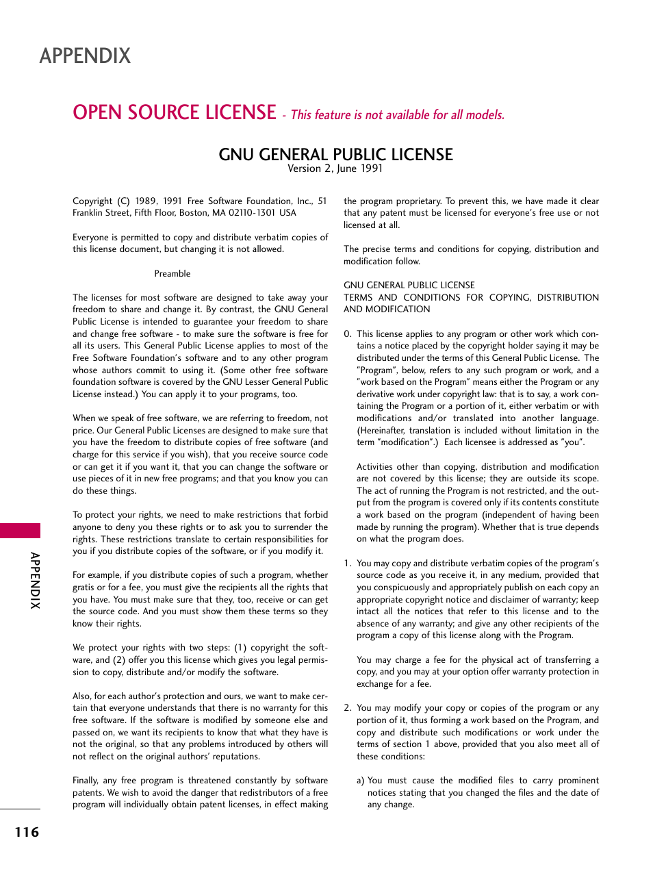 Appendix, Open source license, Gnu general public license | This feature is not available for all models | LG 3230DC User Manual | Page 116 / 130