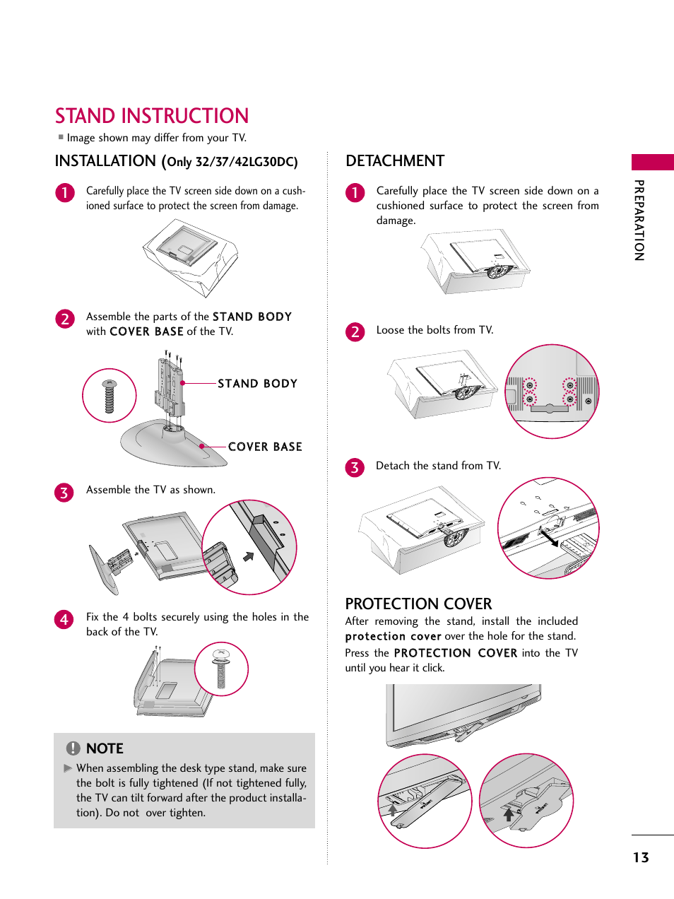 Stand instruction, Installation, Detachment | Protection cover | LG 3230DC User Manual | Page 13 / 130