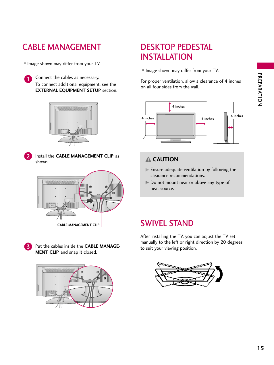 Cable management, Desktop pedestal installation, Swivel stand | Caution | LG 3230DC User Manual | Page 15 / 130