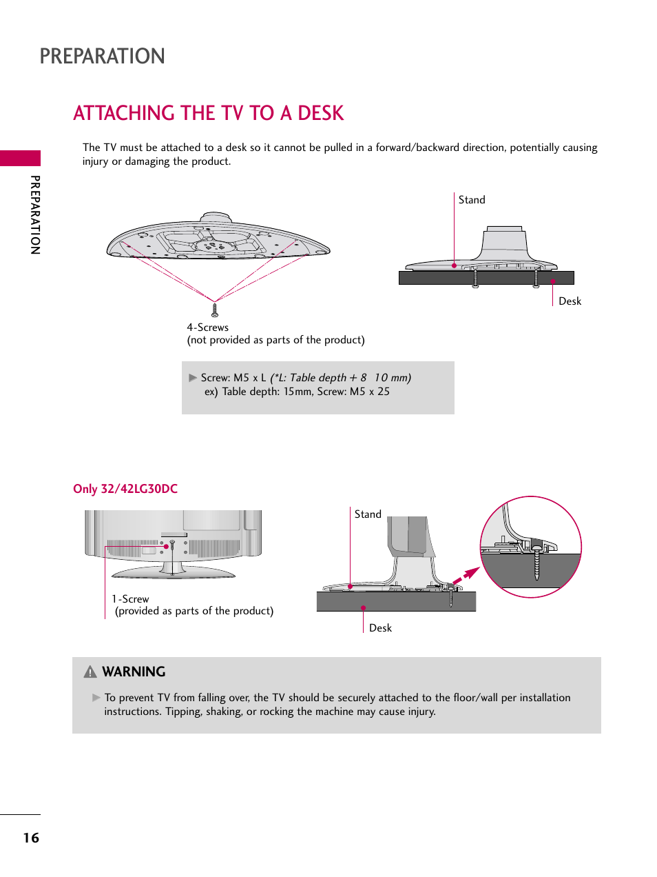 Attaching the tv to a desk, Preparation, Warning | LG 3230DC User Manual | Page 16 / 130