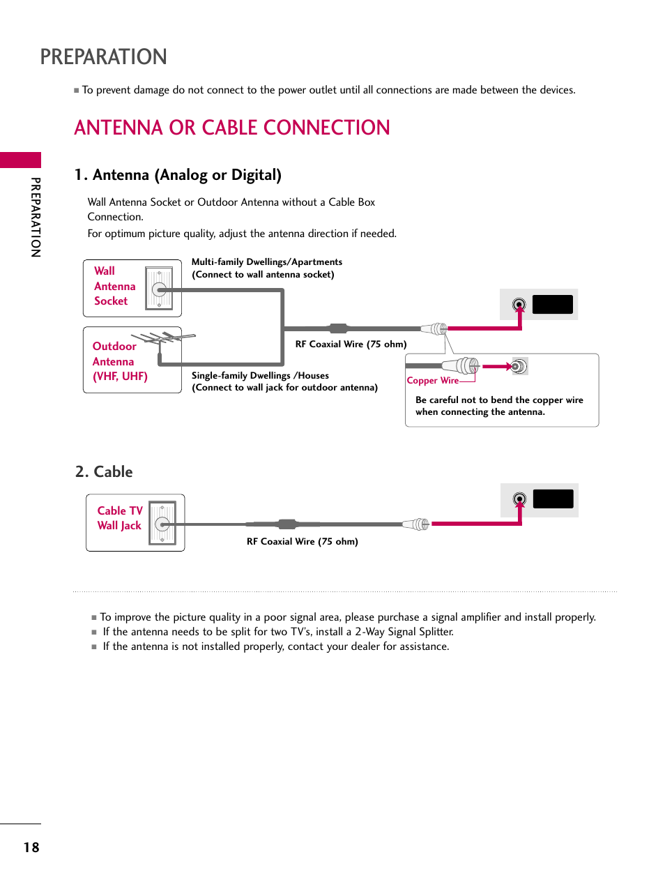 Antenna or cable connection, Preparation, Antenna (analog or digital) | Cable, Prep ar ation | LG 3230DC User Manual | Page 18 / 130