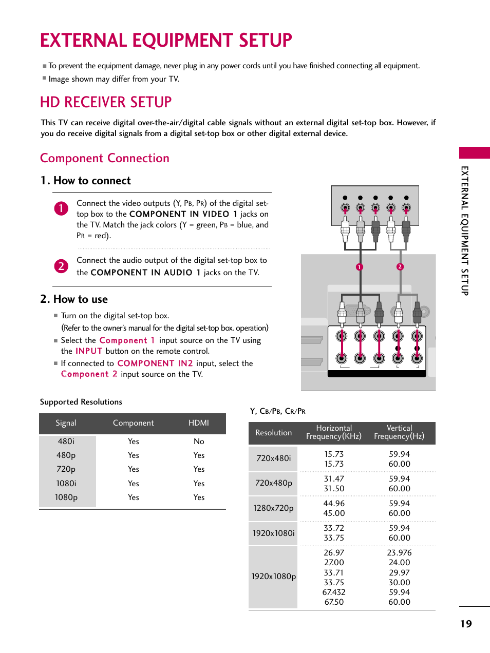 External equipment setup, Hd receiver setup, Component connection | How to connect, How to use, External eq uipment setup | LG 3230DC User Manual | Page 19 / 130