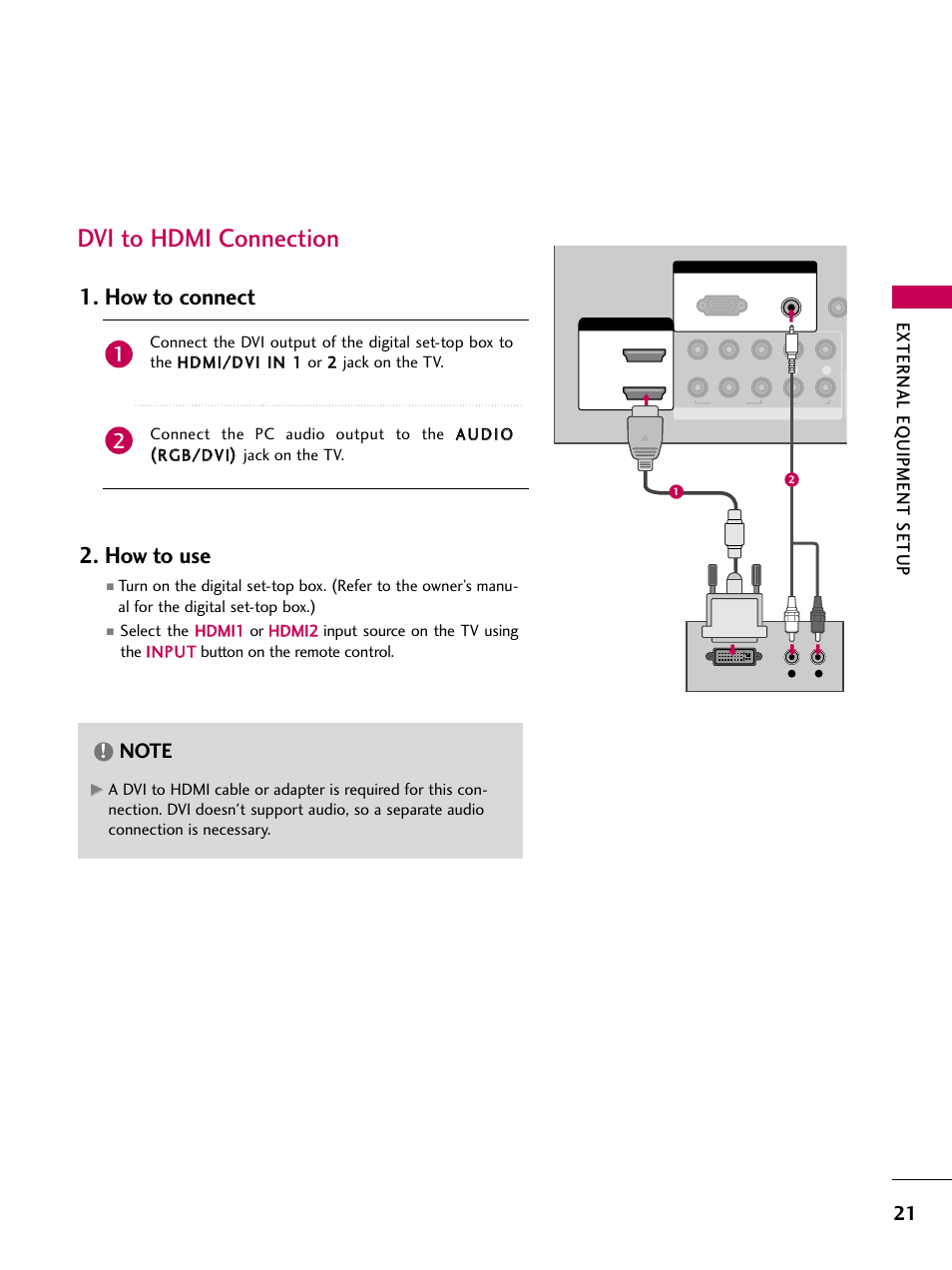 Dvi to hdmi connection, How to connect 2. how to use, External eq uipment setup | LG 3230DC User Manual | Page 21 / 130