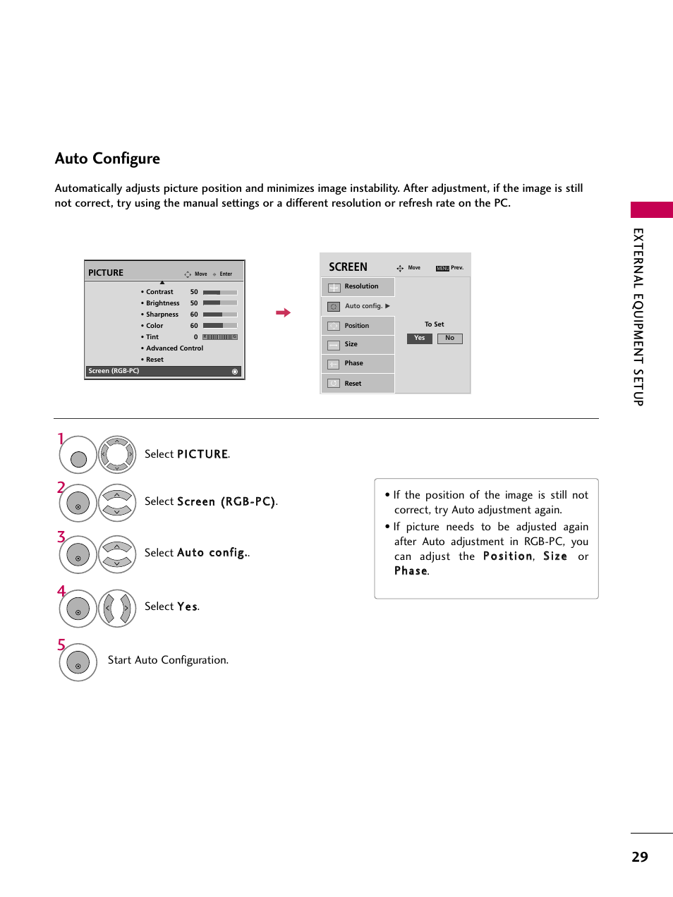 Auto configure, External eq uipment setup | LG 3230DC User Manual | Page 29 / 130