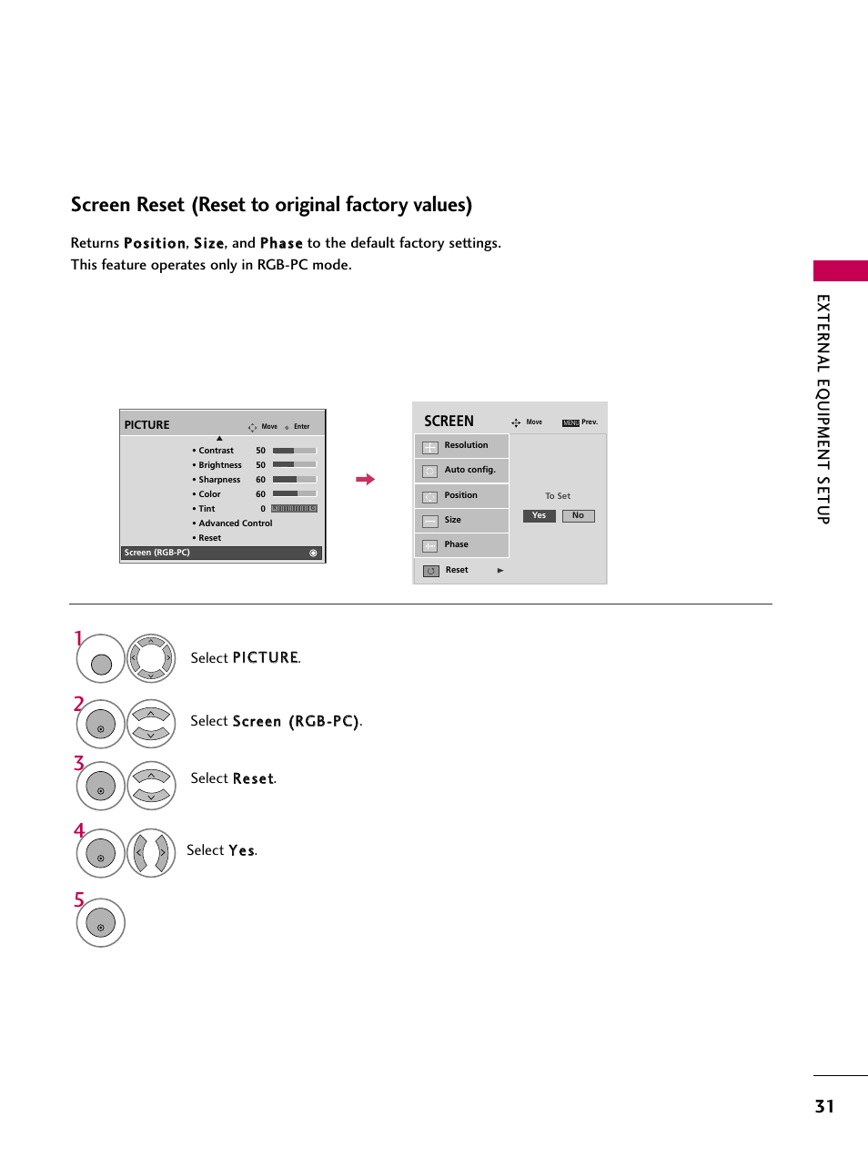 Screen reset (reset to original factory values), External eq uipment setup | LG 3230DC User Manual | Page 31 / 130