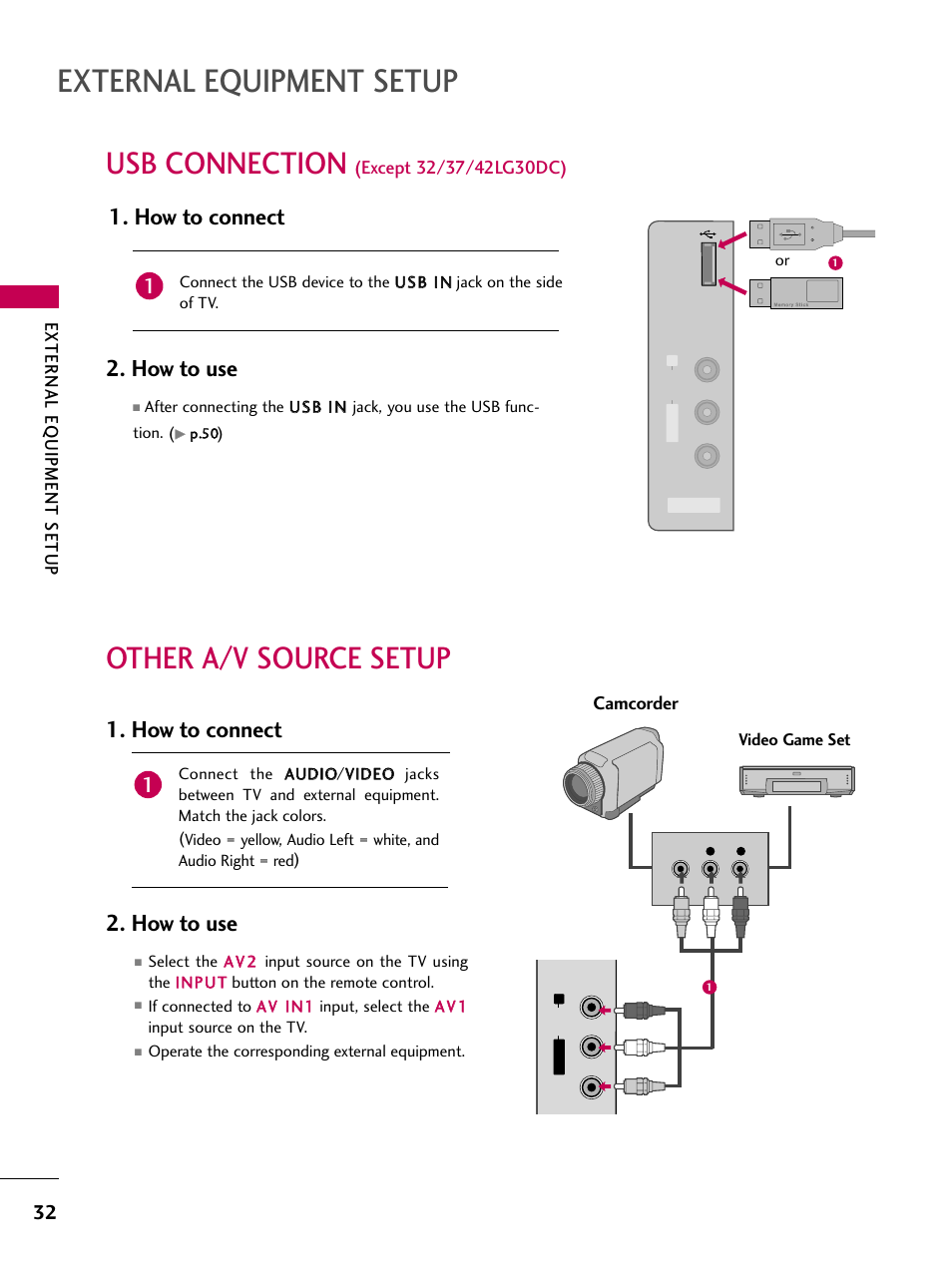 Usb connection (except 32/37/42lg30dc), Other a/v source setup, External equipment setup | Usb connection, How to connect, How to use, How to connect 2. how to use, External eq uipment setup, Camcorder | LG 3230DC User Manual | Page 32 / 130