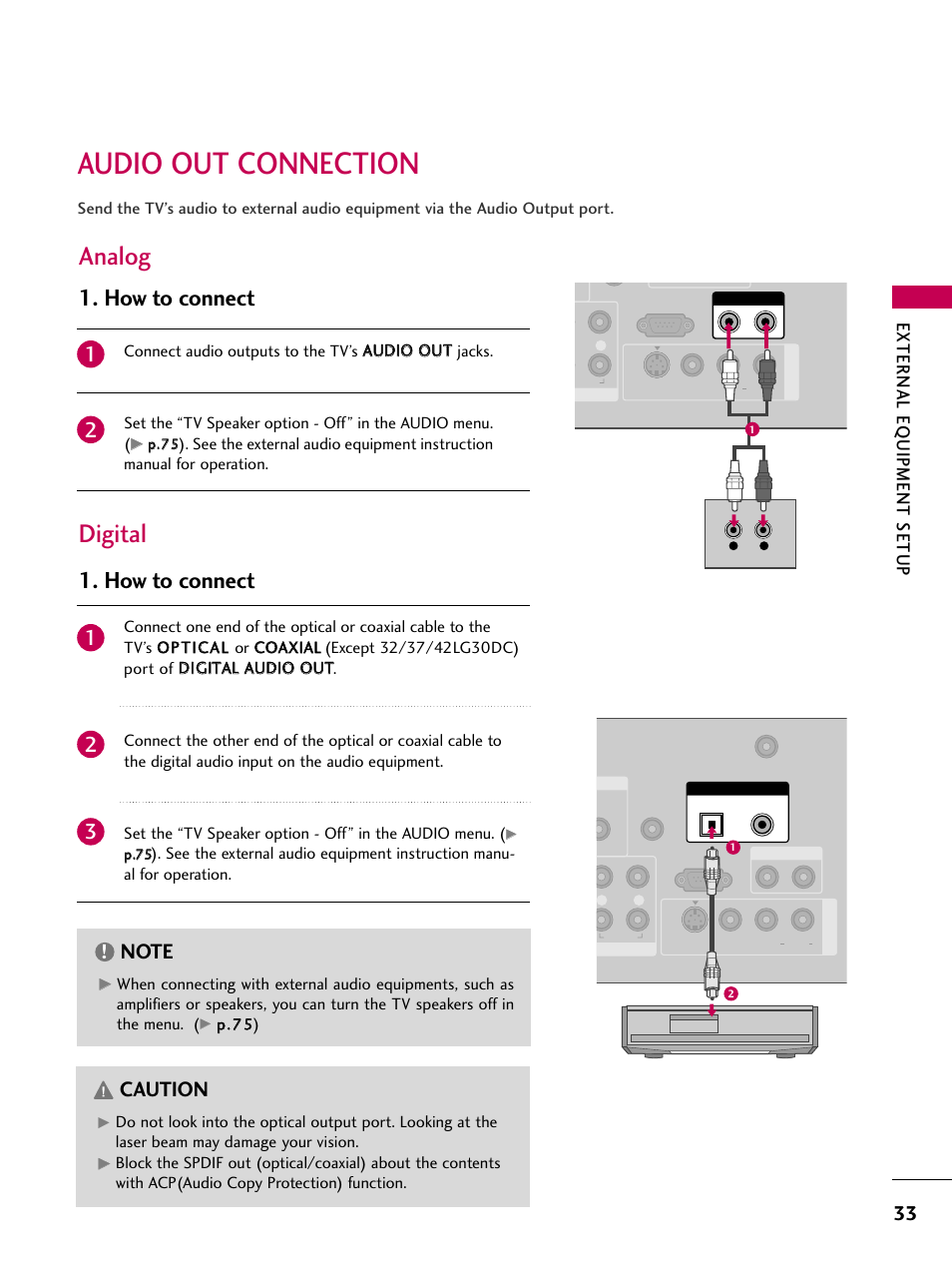 Audio out connection, Analog digital, How to connect | Caution, External eq uipment setup | LG 3230DC User Manual | Page 33 / 130