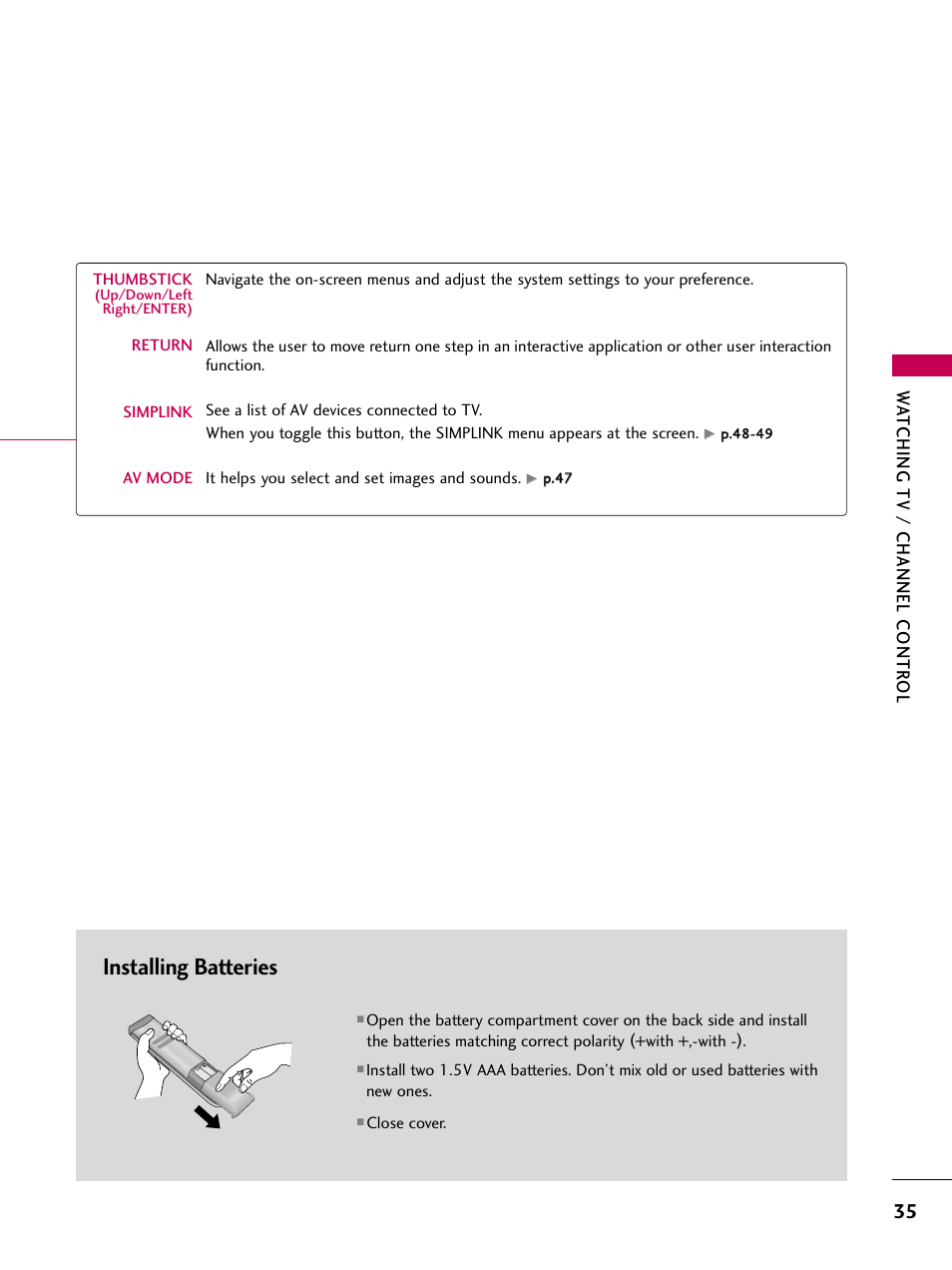 Installing batteries, Watching tv / channel contr ol | LG 3230DC User Manual | Page 35 / 130