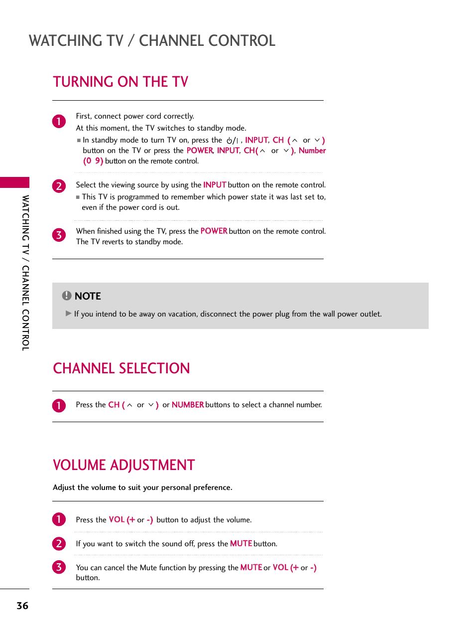 Turning on the tv, Channel selection, Volume adjustment | Watching tv / channel control, Volume adjustment channel selection | LG 3230DC User Manual | Page 36 / 130