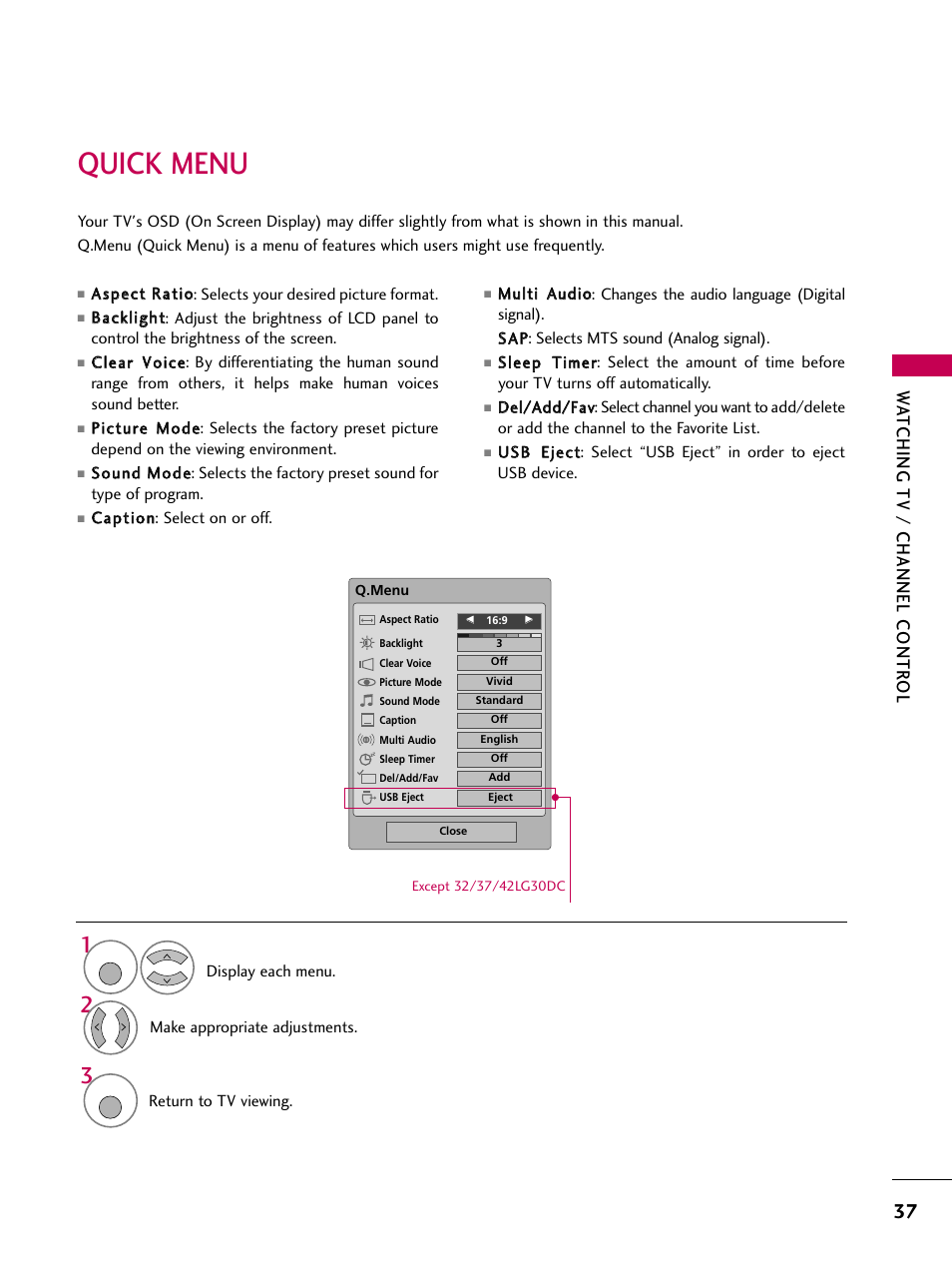 Quick menu, Watching tv / channel contr ol | LG 3230DC User Manual | Page 37 / 130