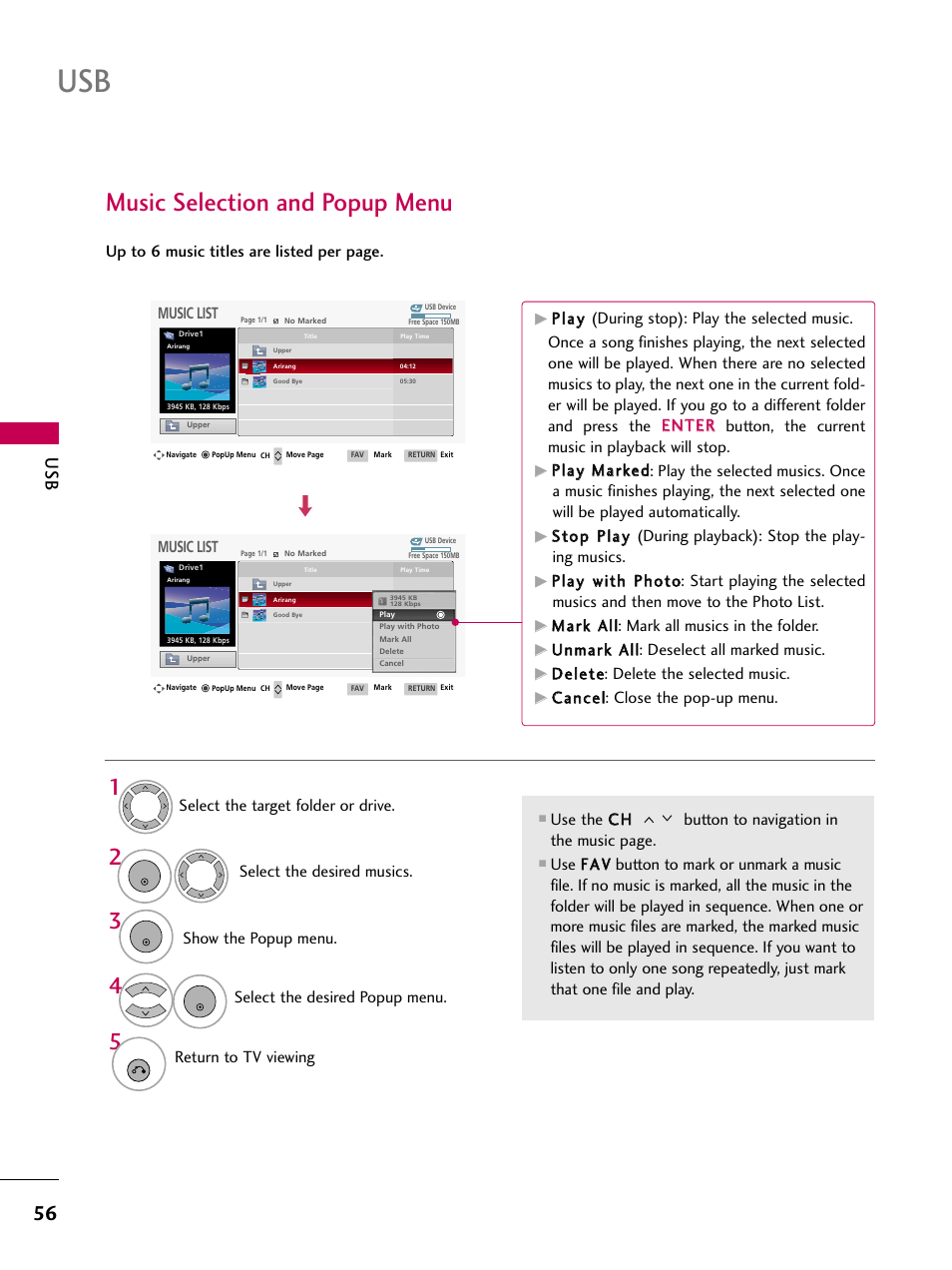 Music selection and popup menu, Return to tv viewing, Music list | Ddeelleettee: delete the selected music, Ccaanncceell: close the pop-up menu | LG 3230DC User Manual | Page 56 / 130