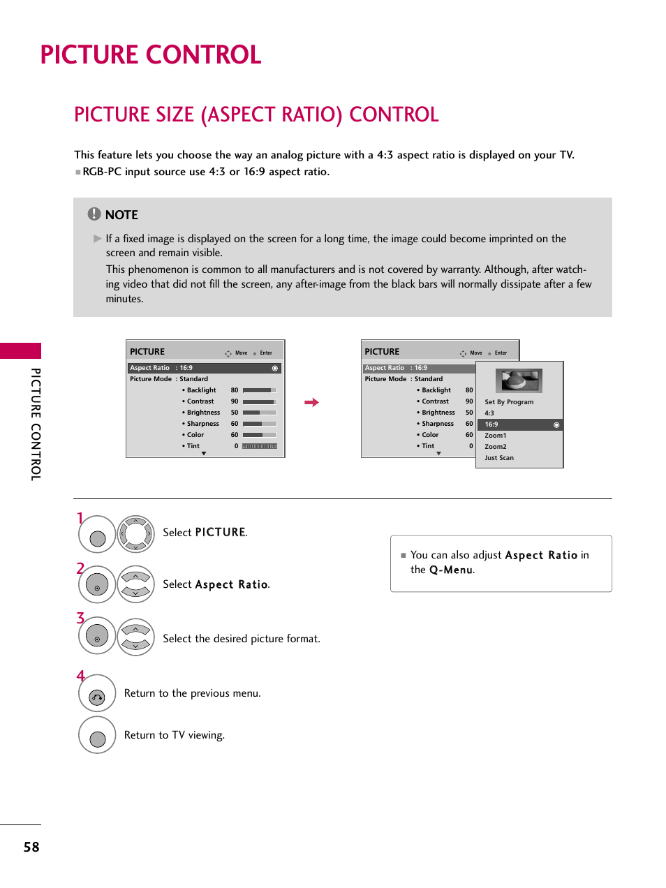 Picture control, Picture size (aspect ratio) control, Picture contr ol | LG 3230DC User Manual | Page 58 / 130