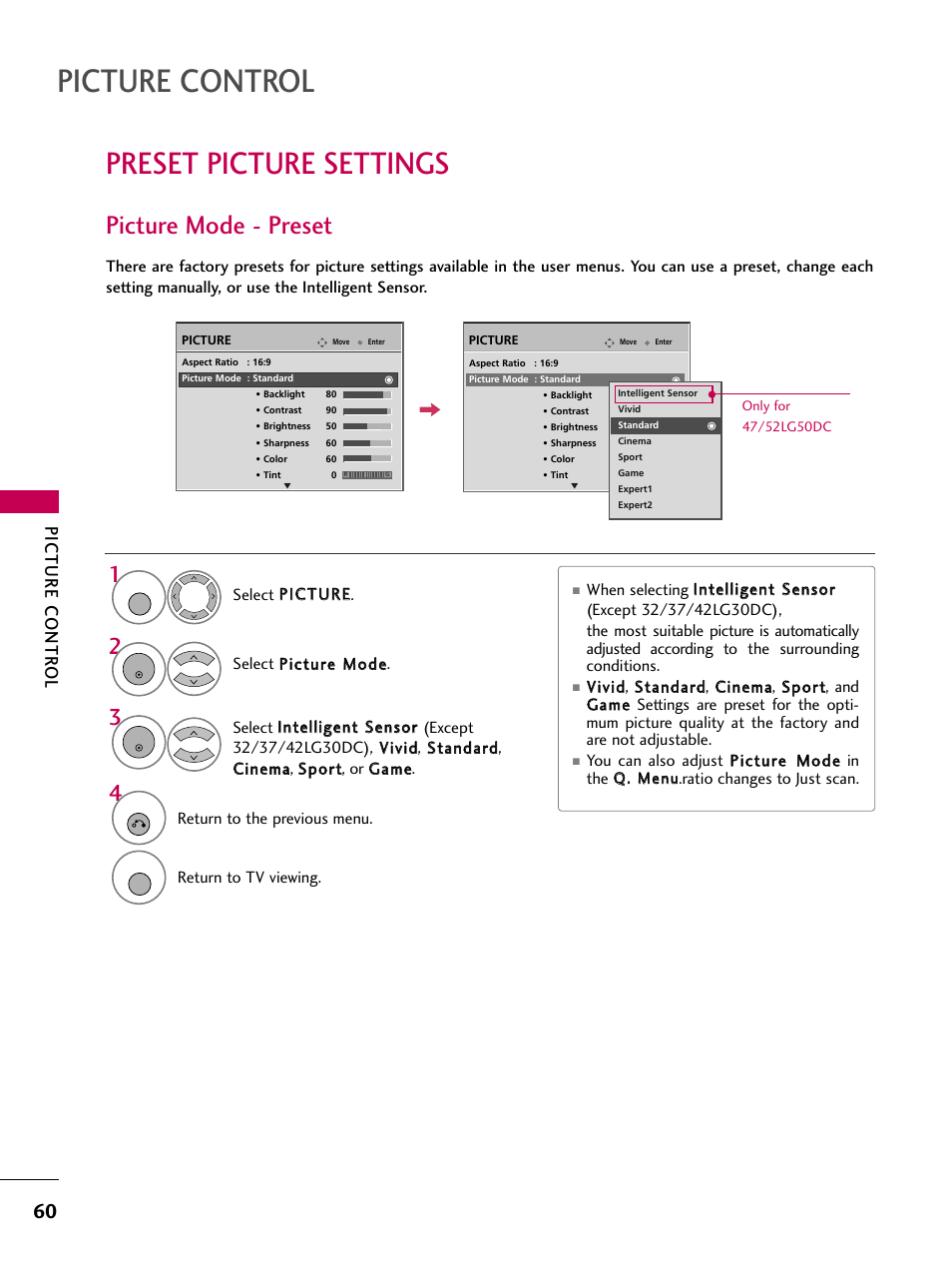 Preset picture settings, Picture mode - preset, Picture control | Picture contr ol | LG 3230DC User Manual | Page 60 / 130