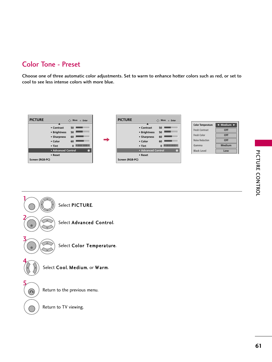 Color tone - preset, Picture contr ol, Select c co oo oll, m meed diiuum m, or w waarrm m | Select a ad dvvaanncceed d c co onnttrro oll, Return to the previous menu, Return to tv viewing | LG 3230DC User Manual | Page 61 / 130