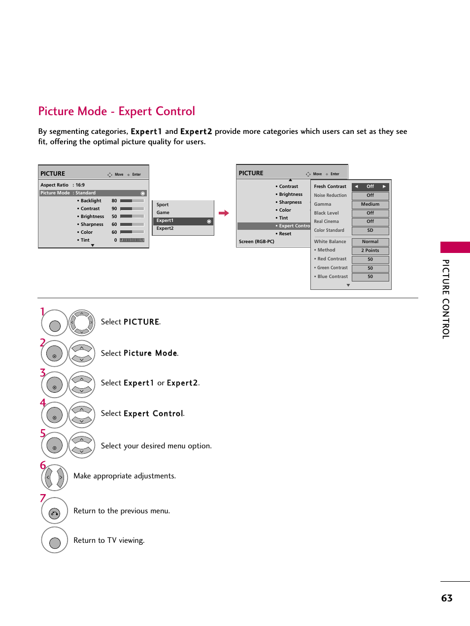 Picture mode - expert control, Picture contr ol, Make appropriate adjustments | Return to the previous menu, Return to tv viewing | LG 3230DC User Manual | Page 63 / 130