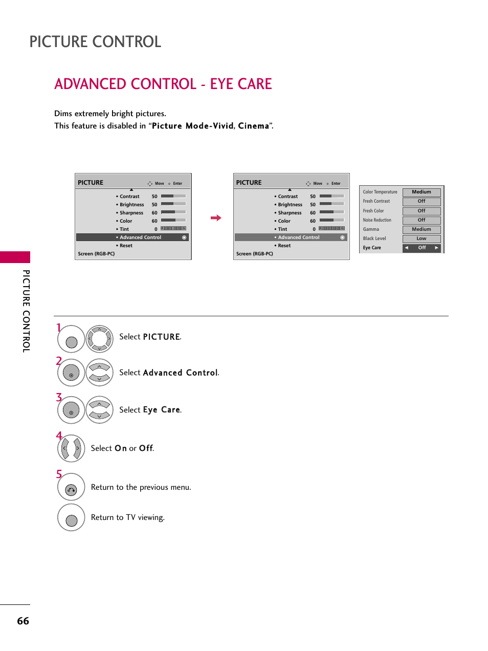 Advanced control - eye care, Picture control, Picture contr ol | Select o o nn or o o ff ff, Return to the previous menu, Return to tv viewing | LG 3230DC User Manual | Page 66 / 130