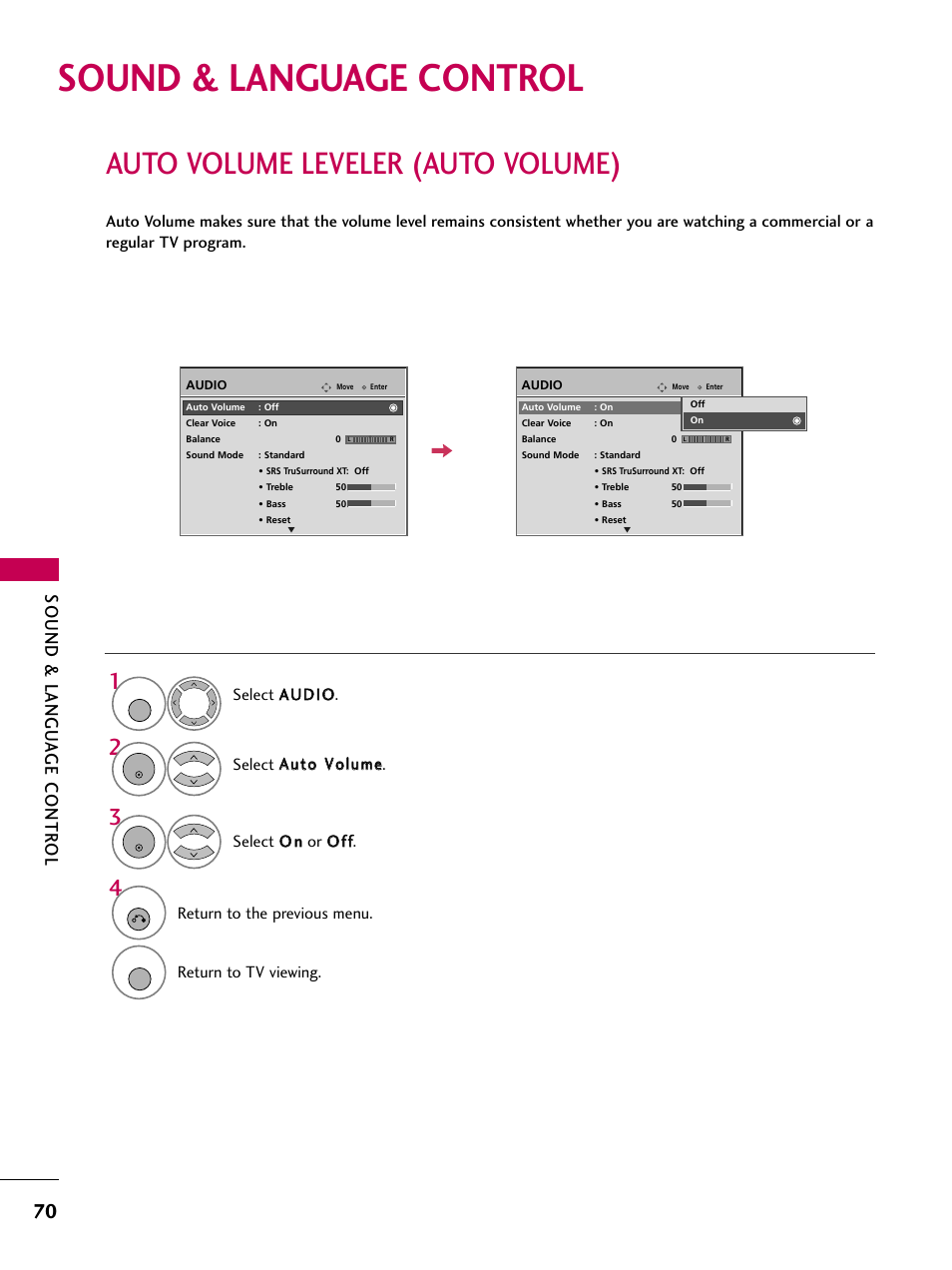 Sound & language control, Auto volume leveler (auto volume), Sound & langu a ge contr ol | LG 3230DC User Manual | Page 70 / 130