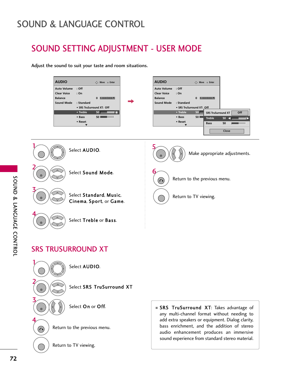 Sound setting adjustment - user mode, Sound & language control, Srs trusurround xt | Sound & langu a ge contr ol | LG 3230DC User Manual | Page 72 / 130