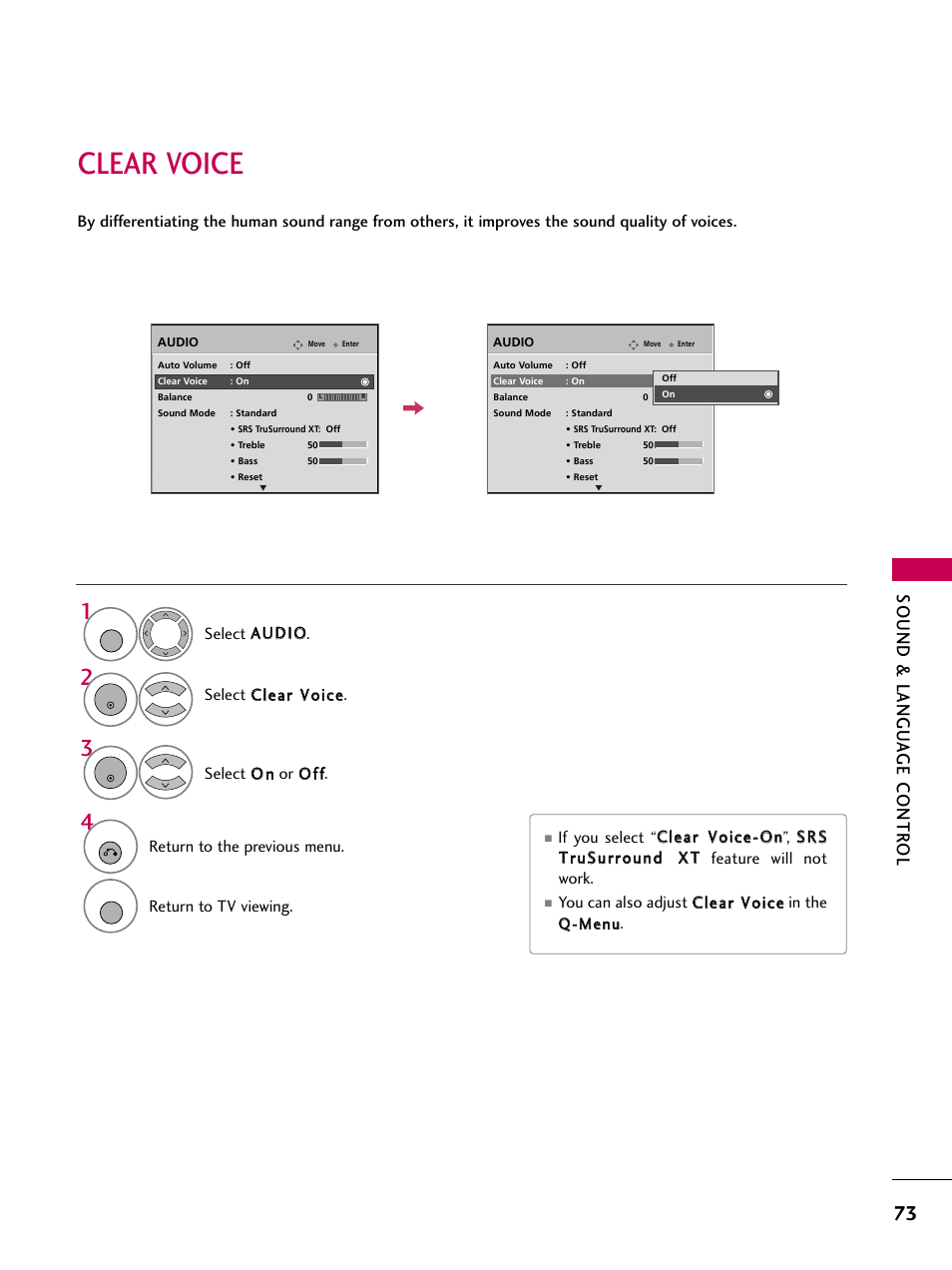 Clear voice, Sound & langu a ge contr ol | LG 3230DC User Manual | Page 73 / 130