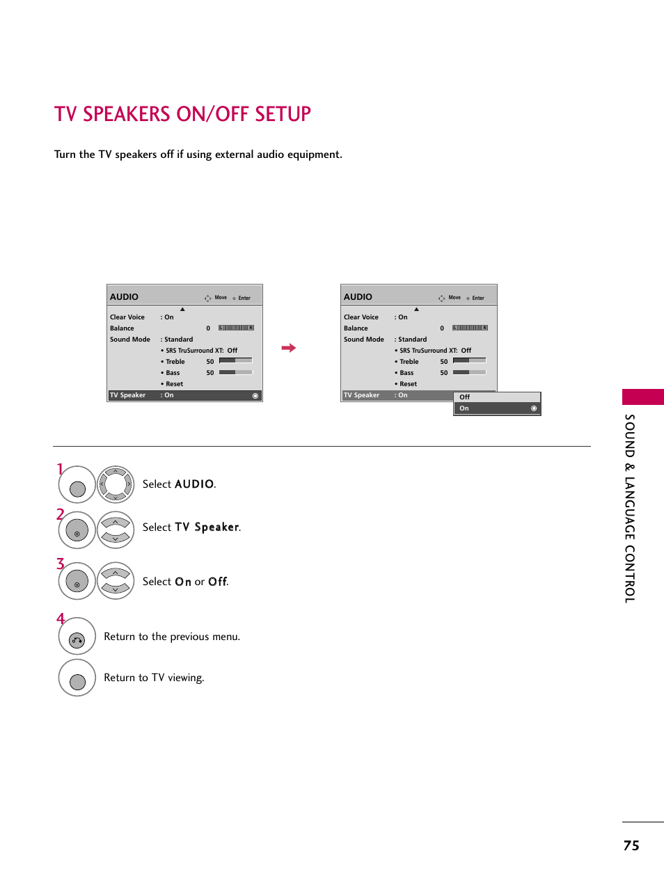 Tv speakers on/off setup, Sound & langu a ge contr ol, Return to the previous menu | Return to tv viewing | LG 3230DC User Manual | Page 75 / 130