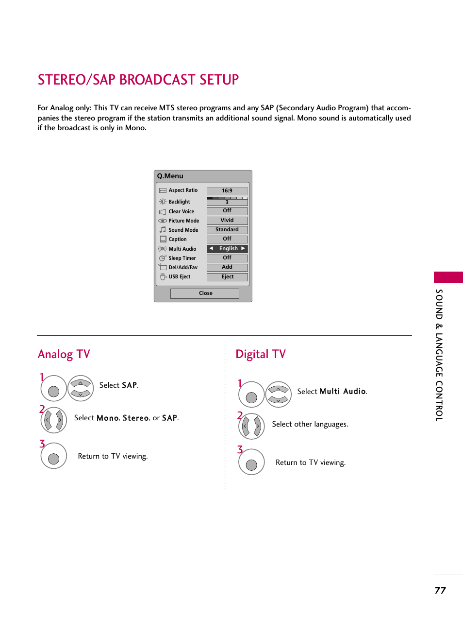 Stereo/sap broadcast setup, Analog tv digital tv, Sound & langu a ge contr ol | LG 3230DC User Manual | Page 77 / 130