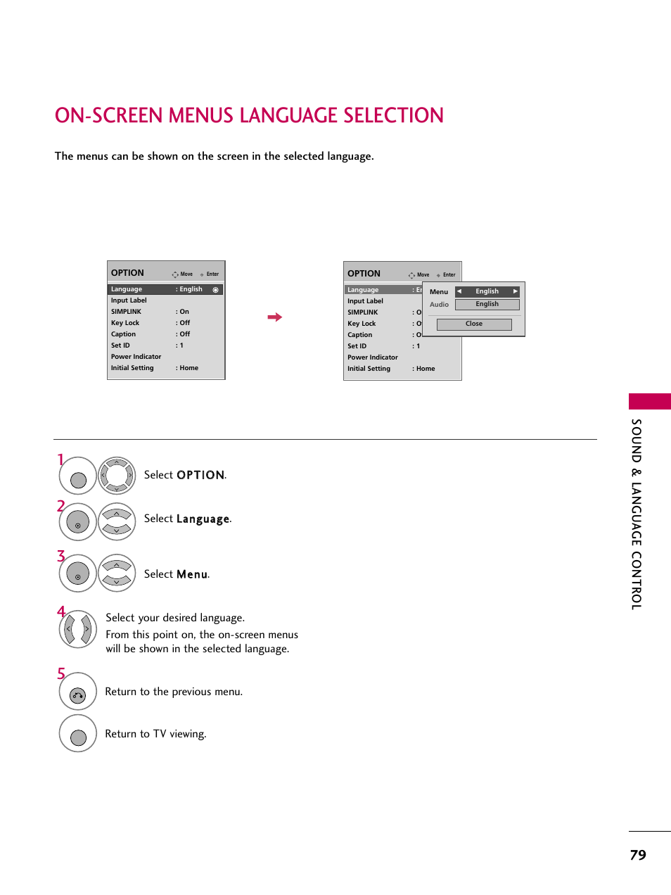 On-screen menus language selection, Sound & langu a ge contr ol, Return to the previous menu | Return to tv viewing | LG 3230DC User Manual | Page 79 / 130