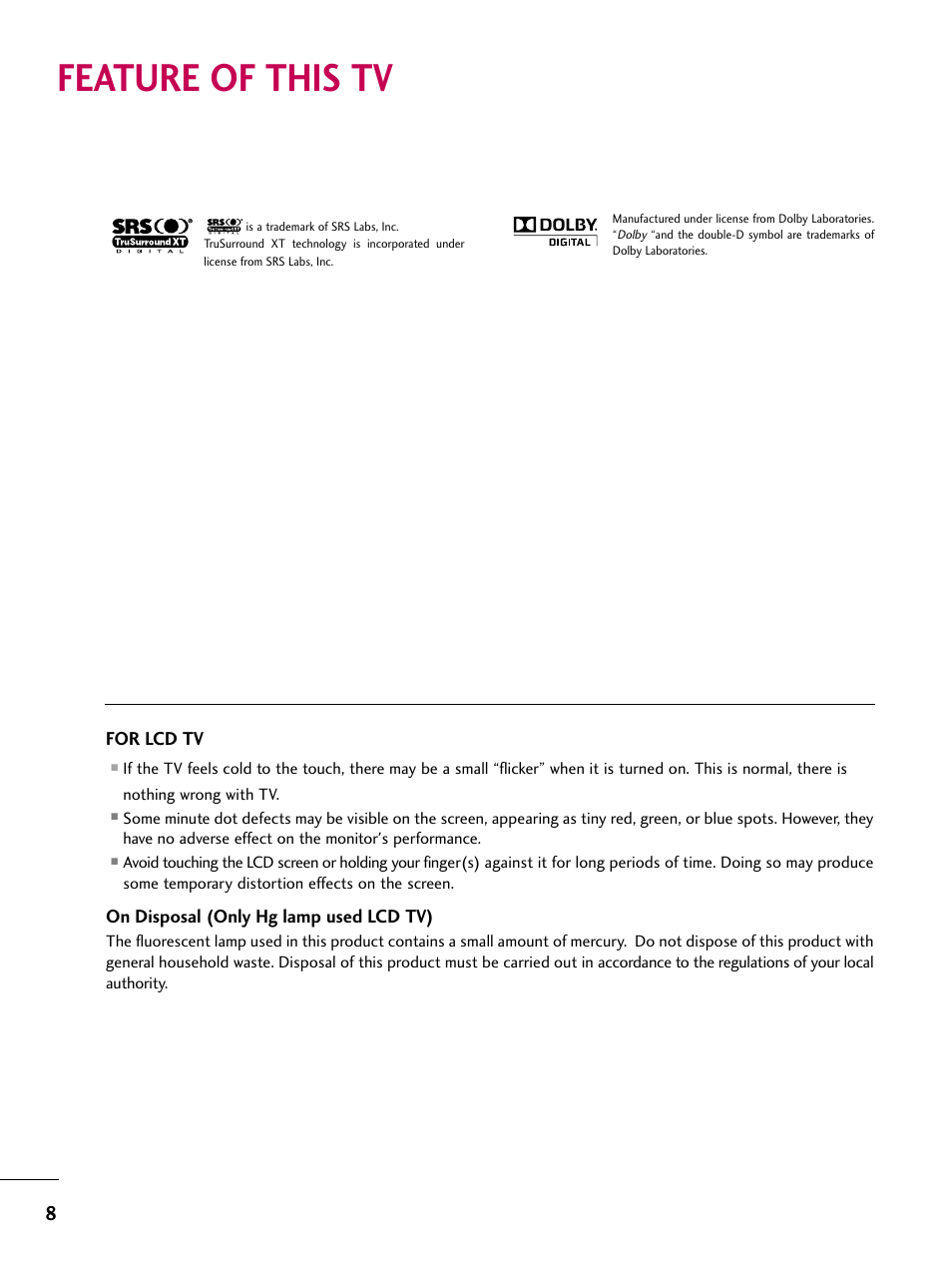 Feature of this tv, For lcd tv, On disposal (only hg lamp used lcd tv) | LG 3230DC User Manual | Page 8 / 130