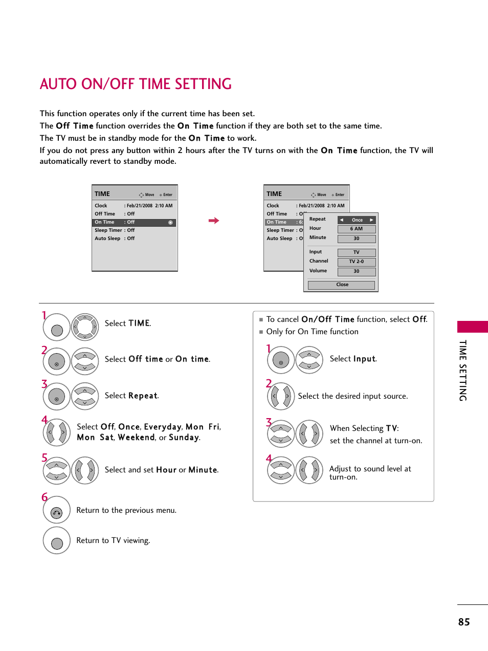 Auto on/off time setting, Time setting | LG 3230DC User Manual | Page 85 / 130