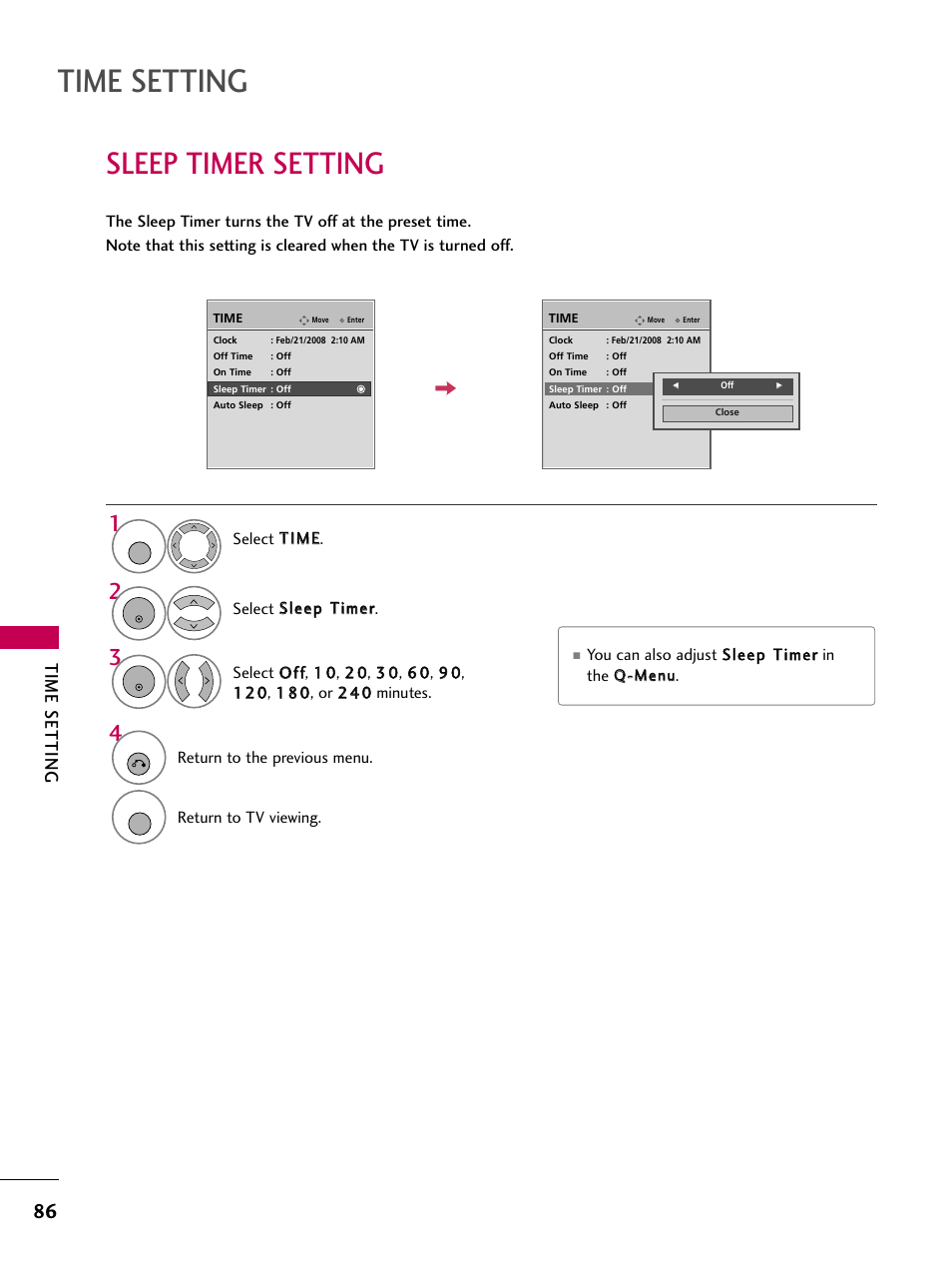 Sleep timer setting, Time setting | LG 3230DC User Manual | Page 86 / 130