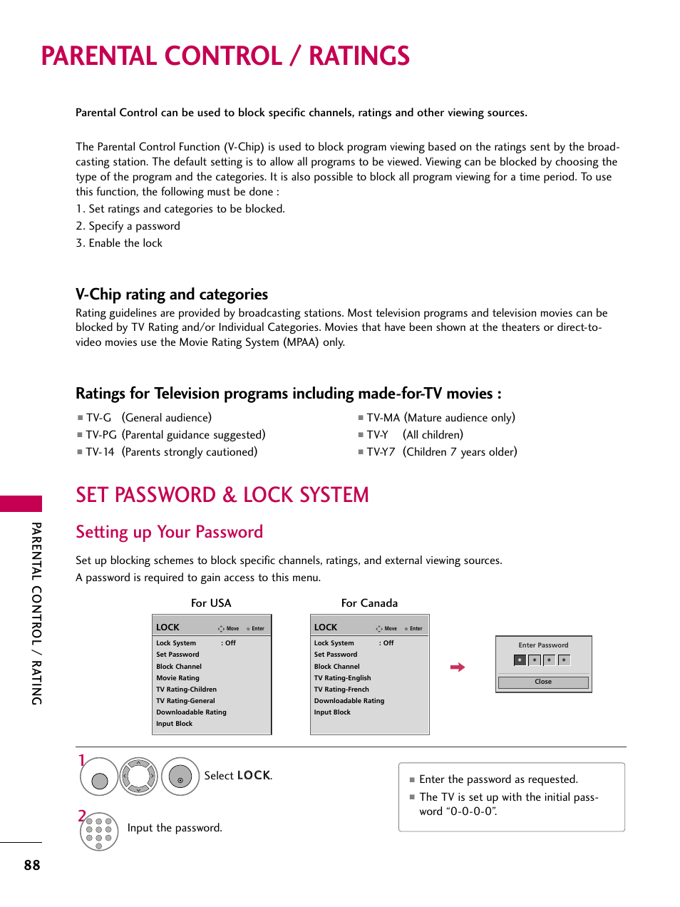 Parental control / ratings, Set password & lock system, Setting up your password | V-chip rating and categories, Parent al contr ol / r ating | LG 3230DC User Manual | Page 88 / 130