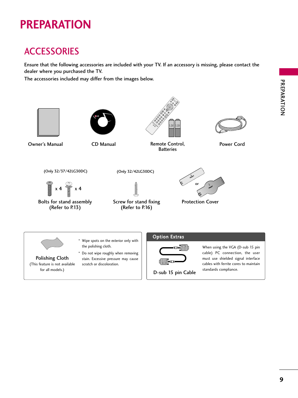 Preparation, Accessories, Prep ar ation | Polishing cloth, D-sub 15 pin cable, Cd manual, Bolts for stand assembly (refer to p.13), Copyright© 2007 lge, all rights reserved, Pa g e | LG 3230DC User Manual | Page 9 / 130