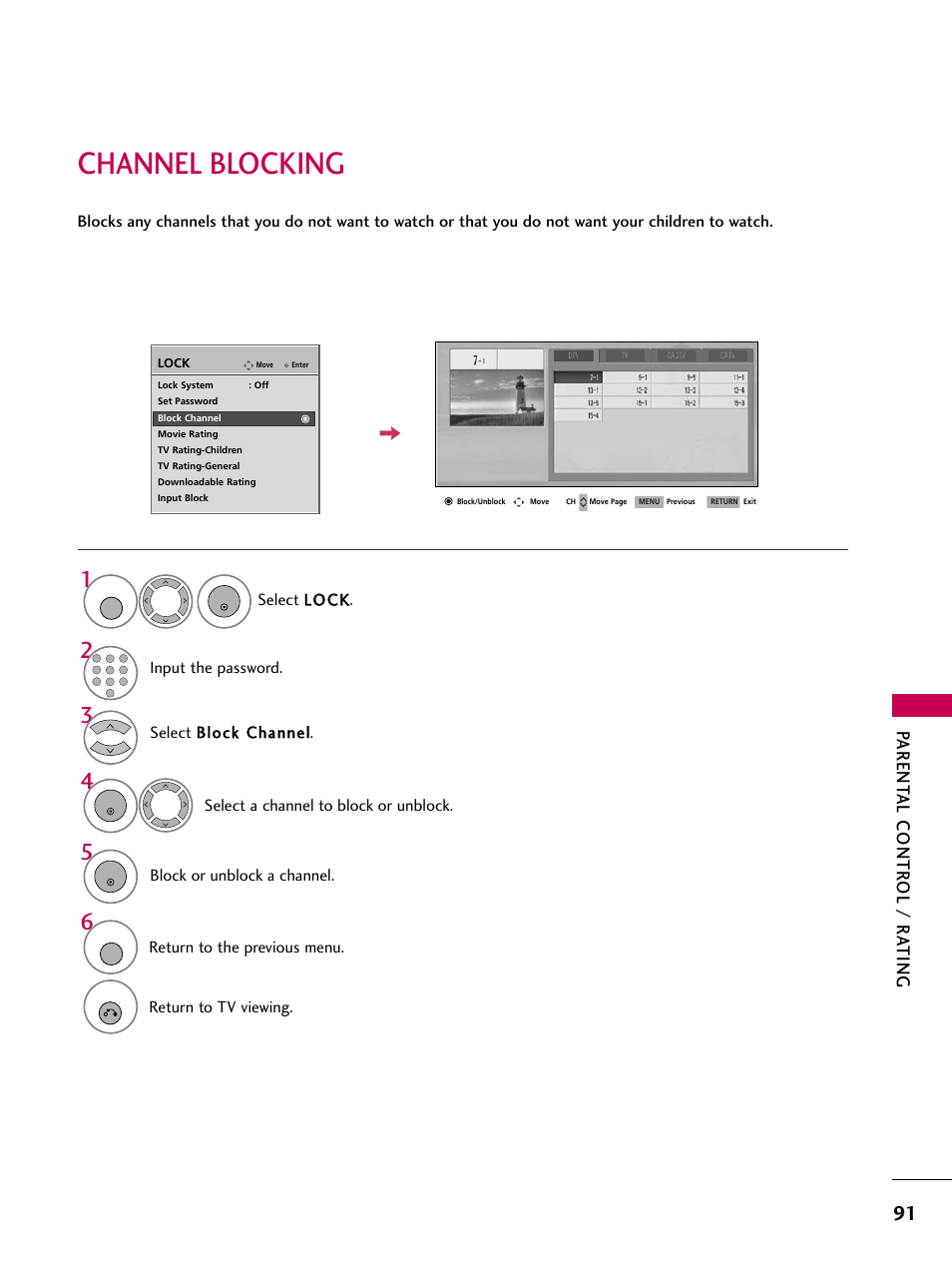 Channel blocking, Parent al contr ol / r ating | LG 3230DC User Manual | Page 91 / 130