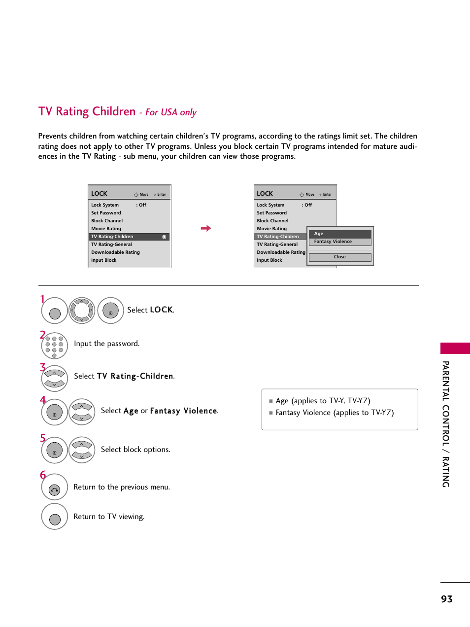 Tv rating children - for usa only, Tv rating children, For usa only | Parent al contr ol / r ating | LG 3230DC User Manual | Page 93 / 130